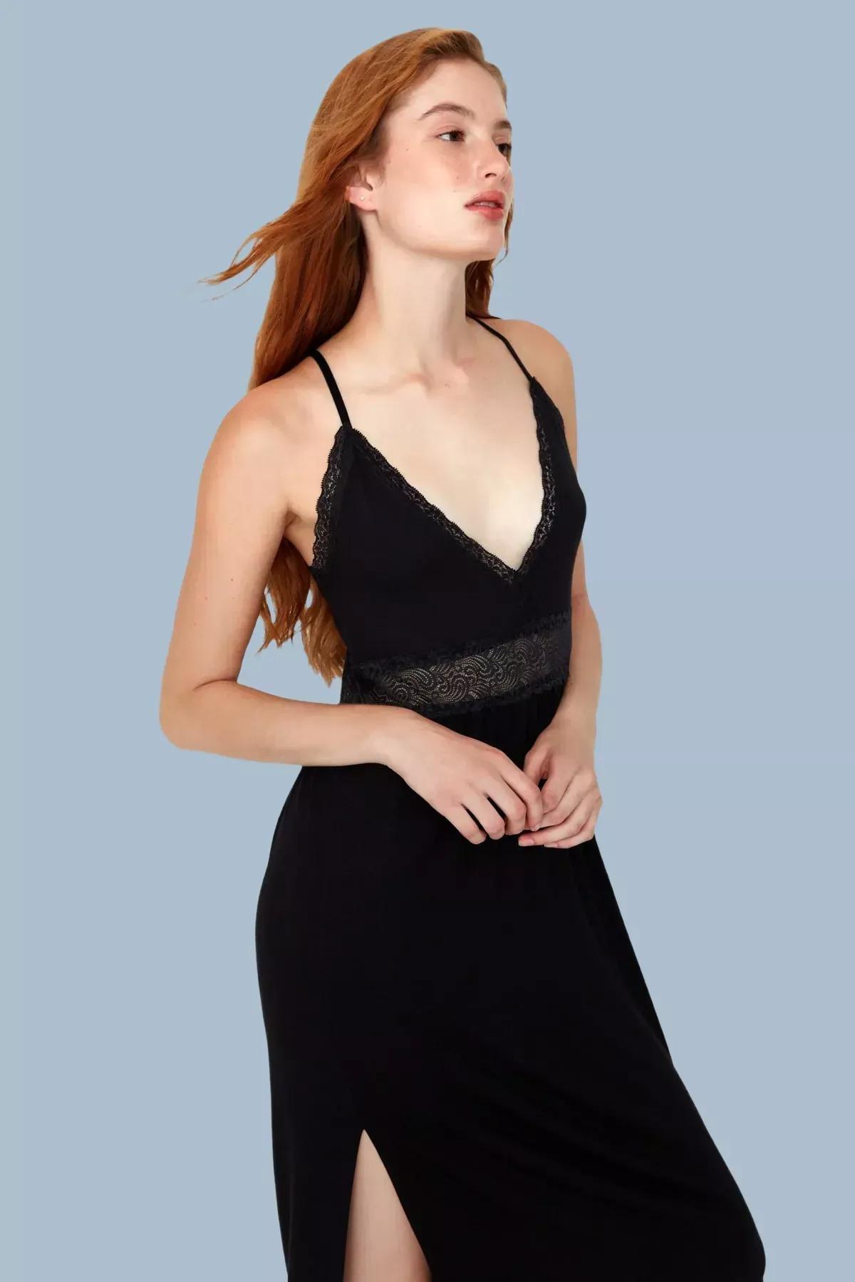 قميص نوم دانتيل بقصة إيه-لاين، أسود, Black, large image number 1