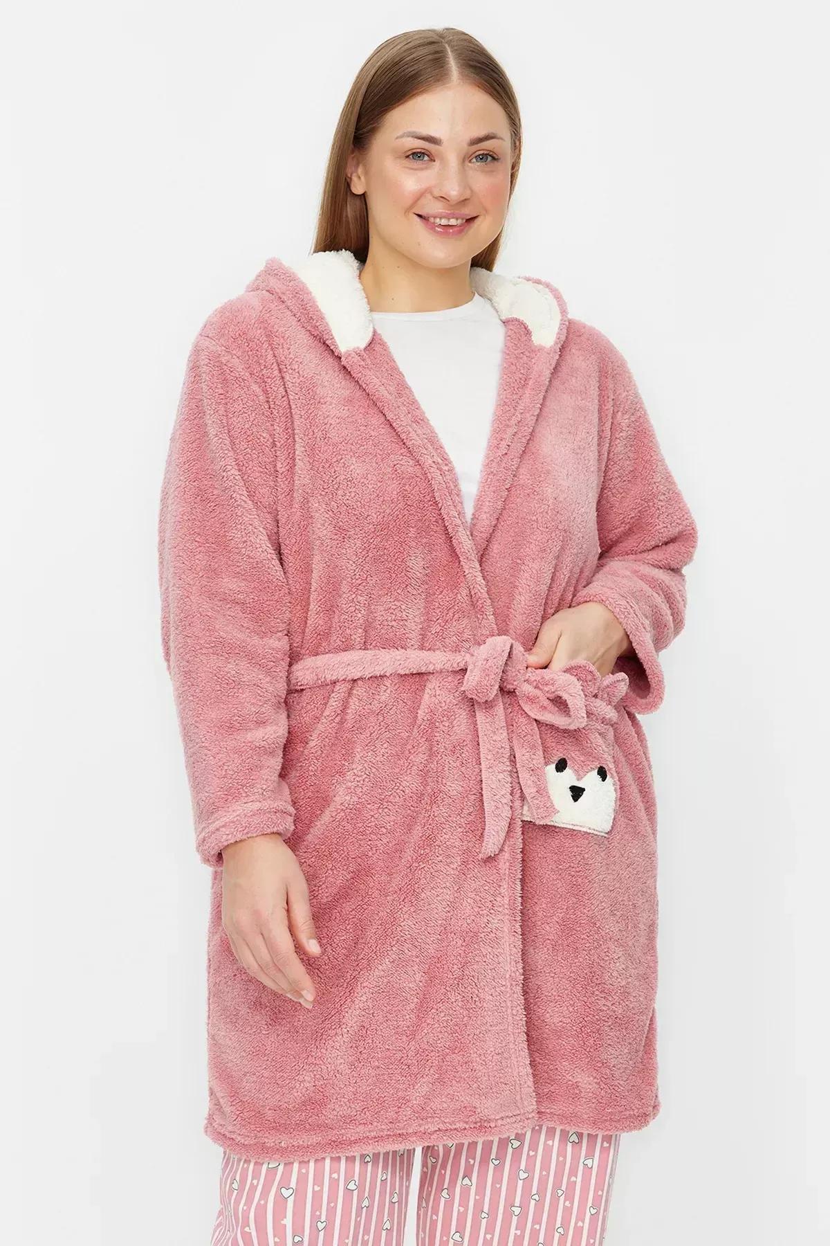 Powder Animal Figured Pocket Hooded Wellsoft Knitted Dressing Gown TBBAW24SB000, POWDER, large image number 0