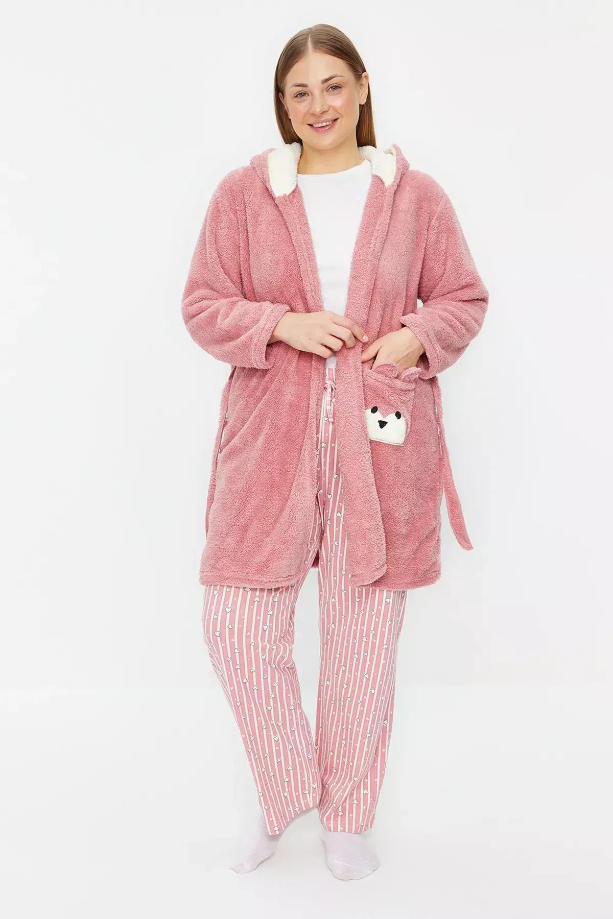 Powder Animal Figured Pocket Hooded Wellsoft Knitted Dressing Gown TBBAW24SB000, POWDER, large image number 1