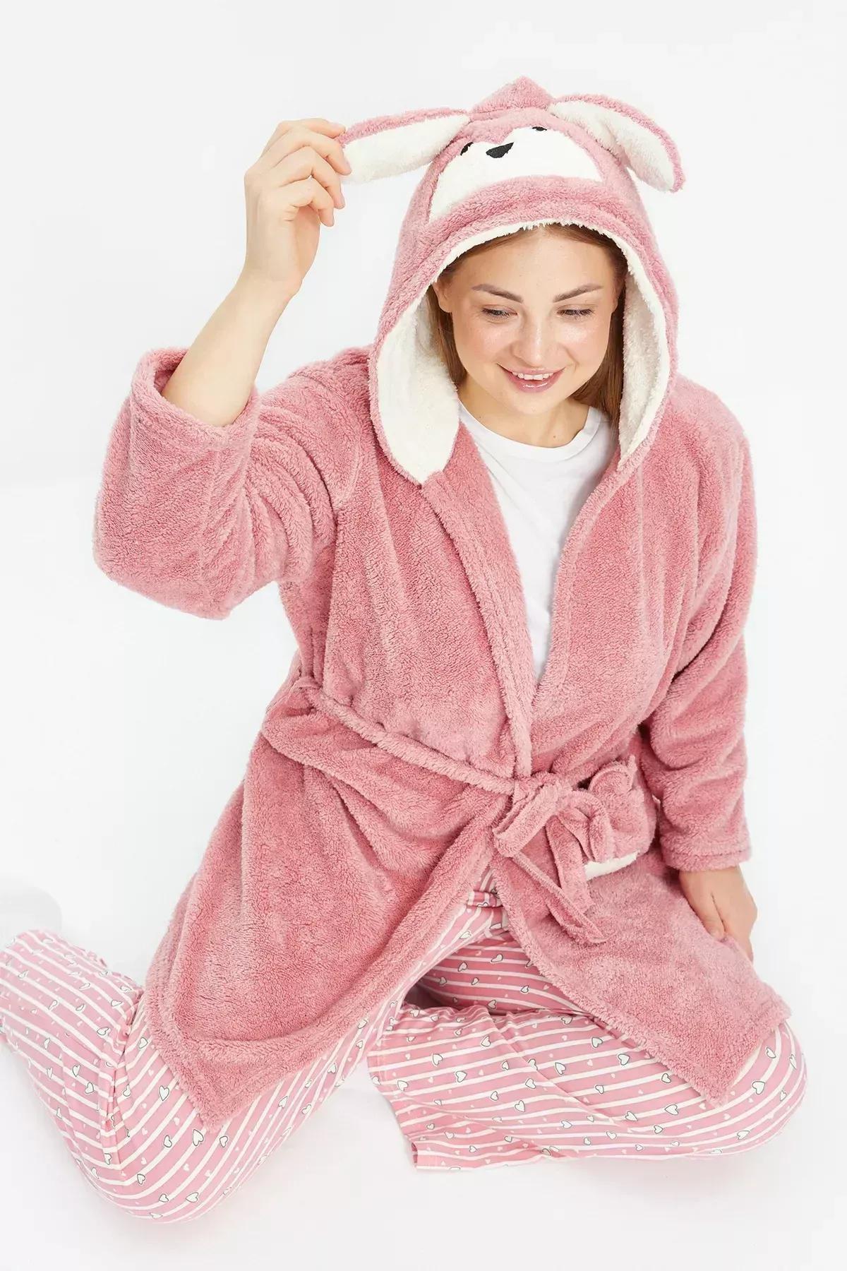 Powder Animal Figured Pocket Hooded Wellsoft Knitted Dressing Gown TBBAW24SB000, POWDER, large image number 2