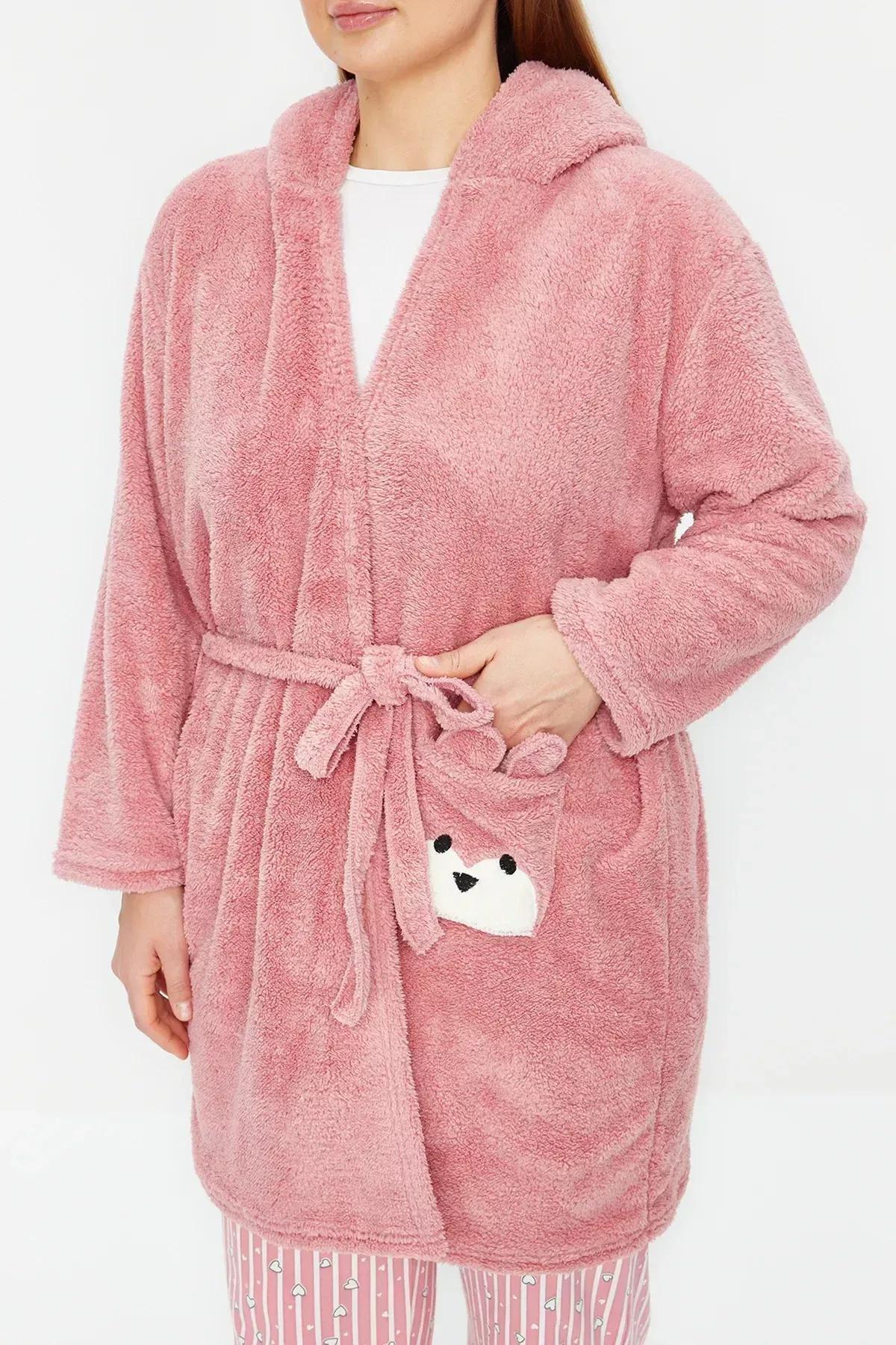 Powder Animal Figured Pocket Hooded Wellsoft Knitted Dressing Gown TBBAW24SB000, POWDER, large image number 3
