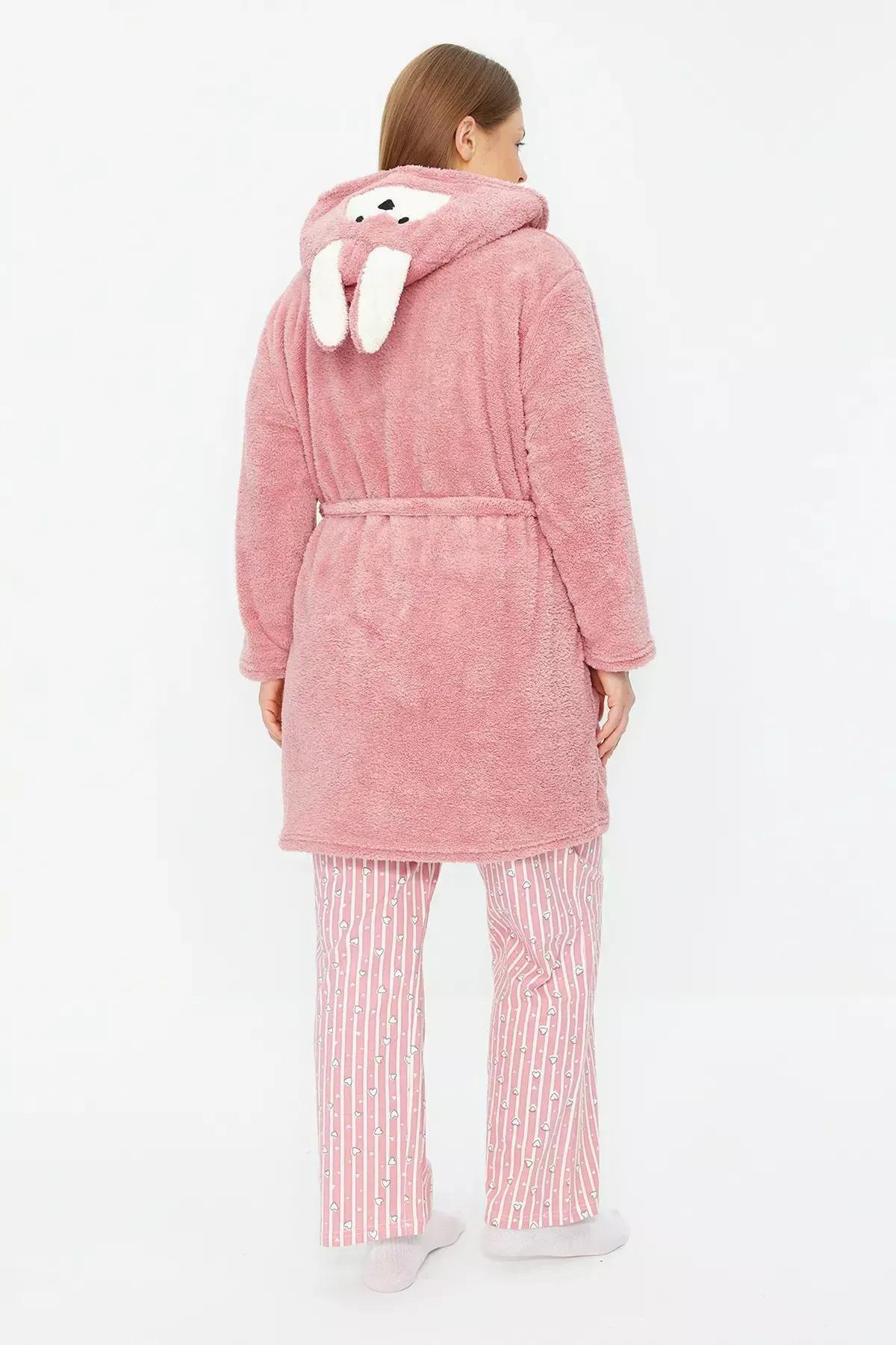 Powder Animal Figured Pocket Hooded Wellsoft Knitted Dressing Gown TBBAW24SB000, POWDER, large image number 4