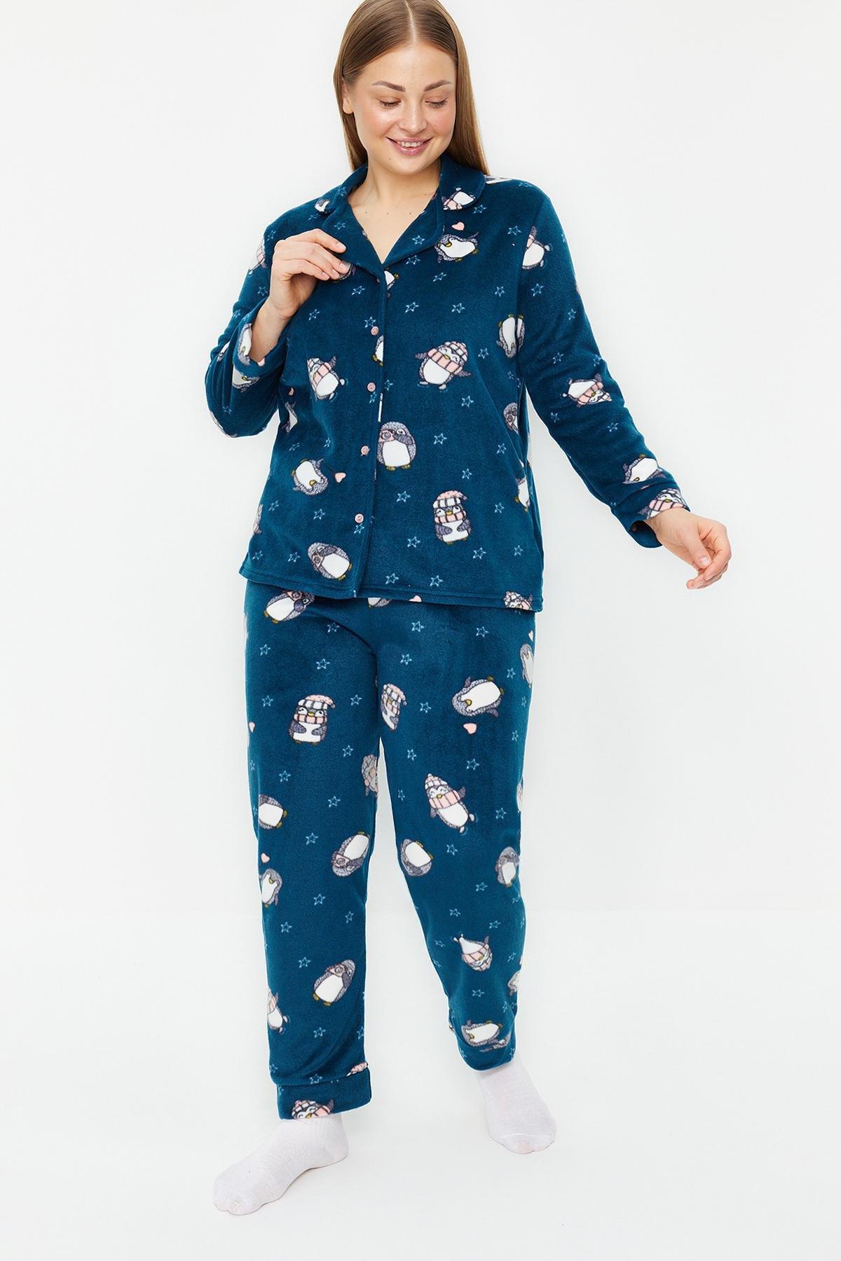 Navy Penguin Patterned Knitted Pyjamas Set, , large image number 0