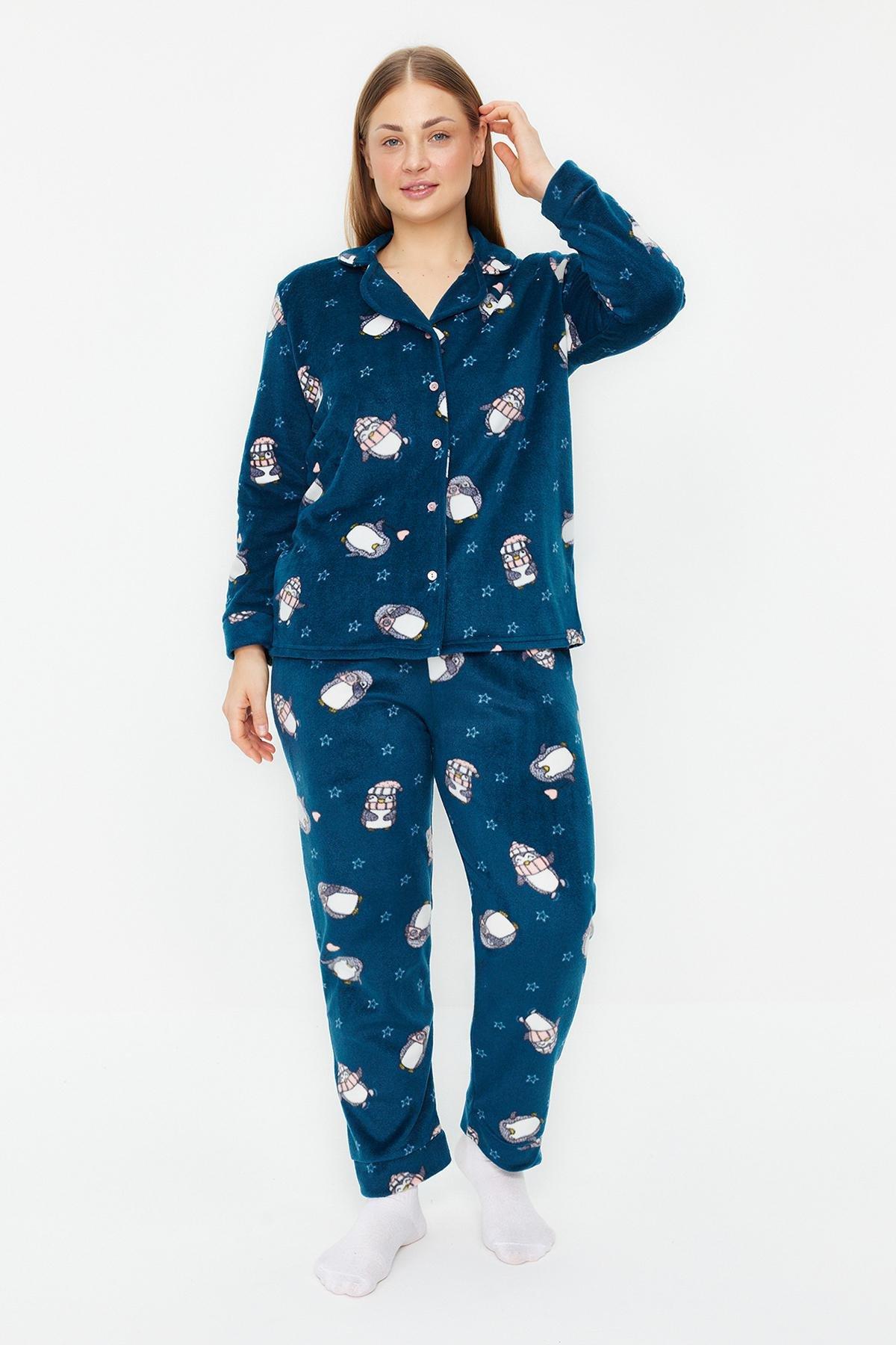 Navy Penguin Patterned Knitted Pyjamas Set, , large image number 1