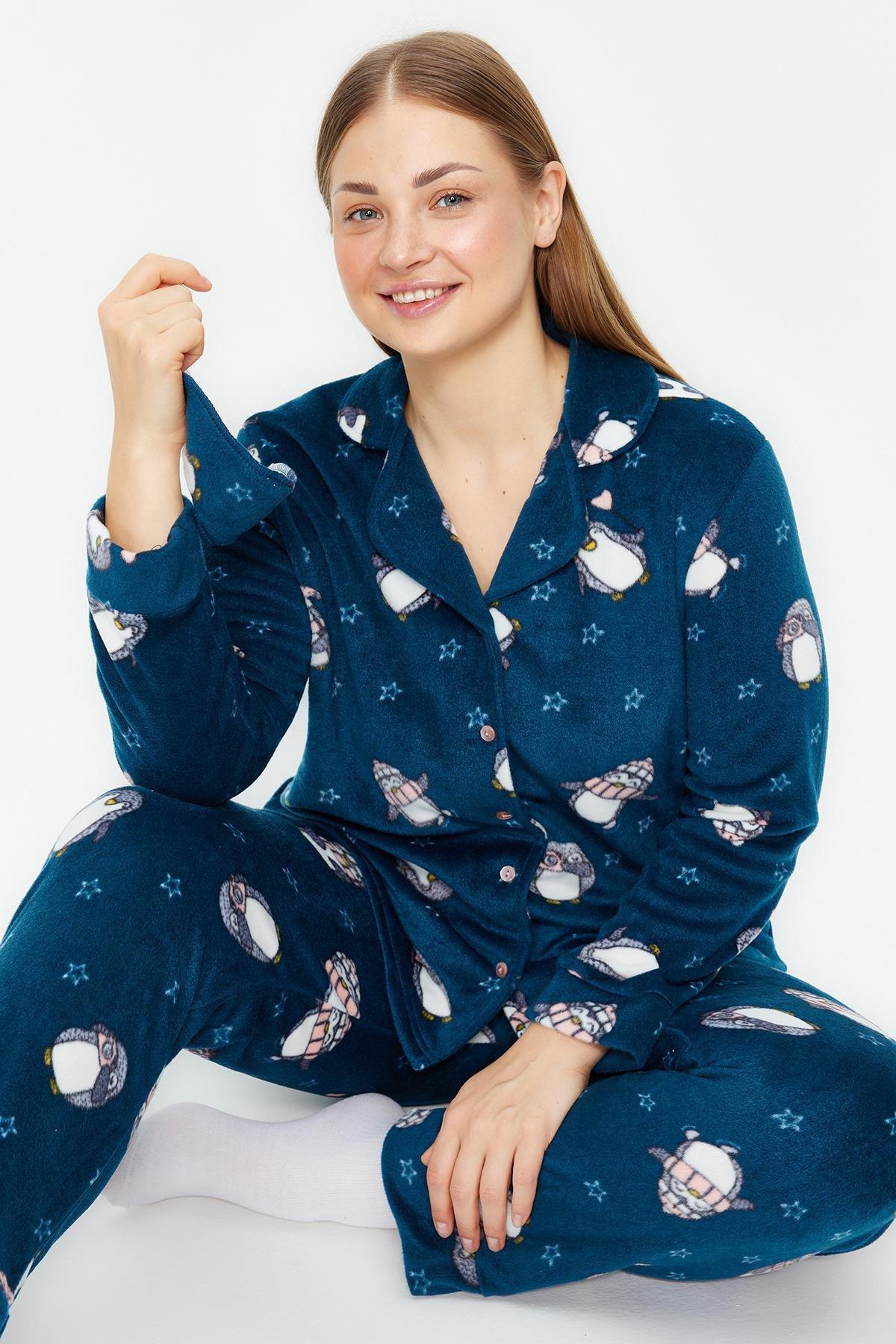 Navy Penguin Patterned Knitted Pyjamas Set, , large image number 2