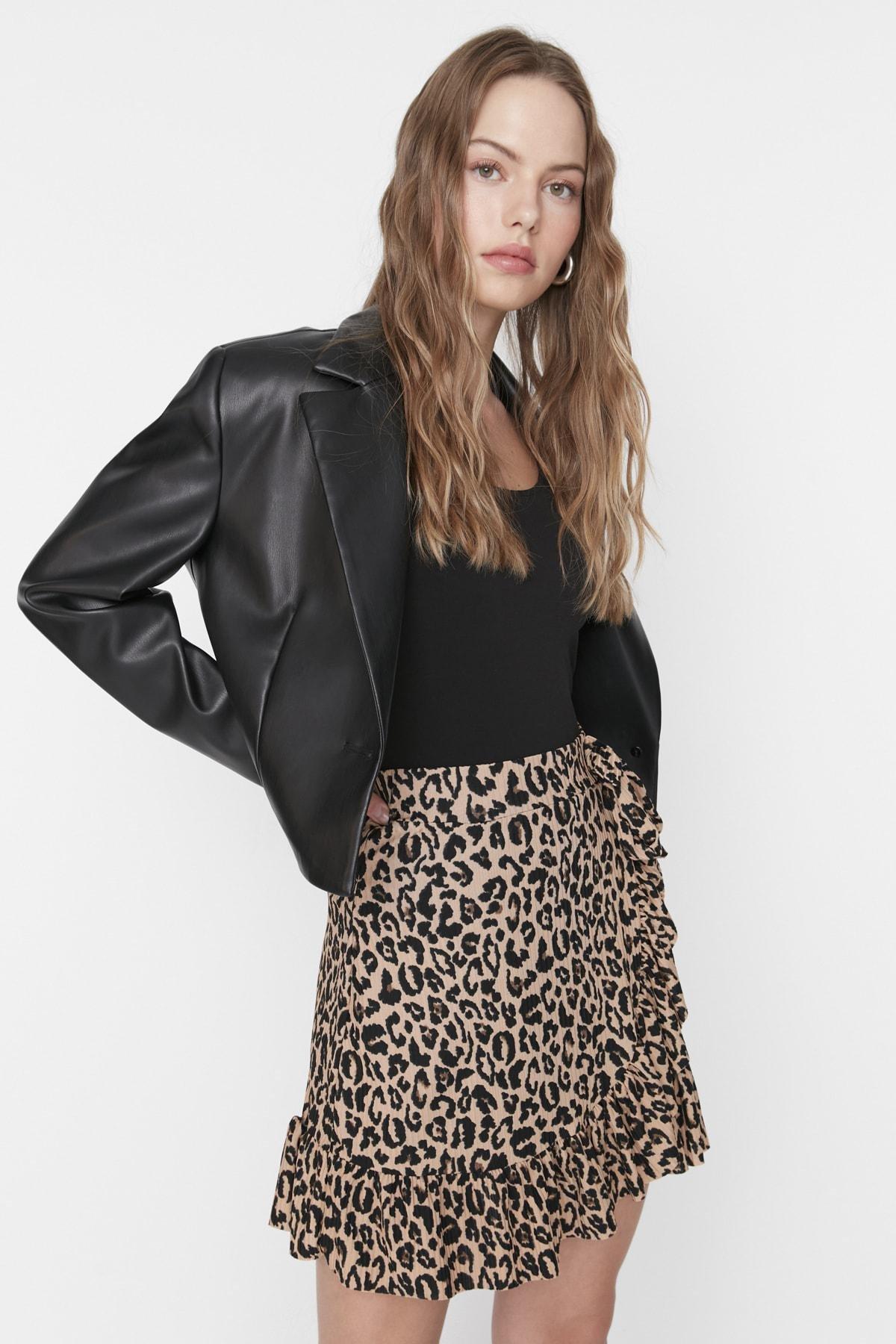 Brown Floral Ruffle Hem Mini Skirt, , large image number 1