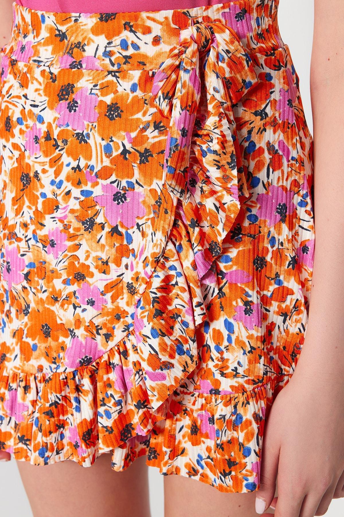 Orange Floral Ruffle Hem Mini Skirt, Orange, large image number 4