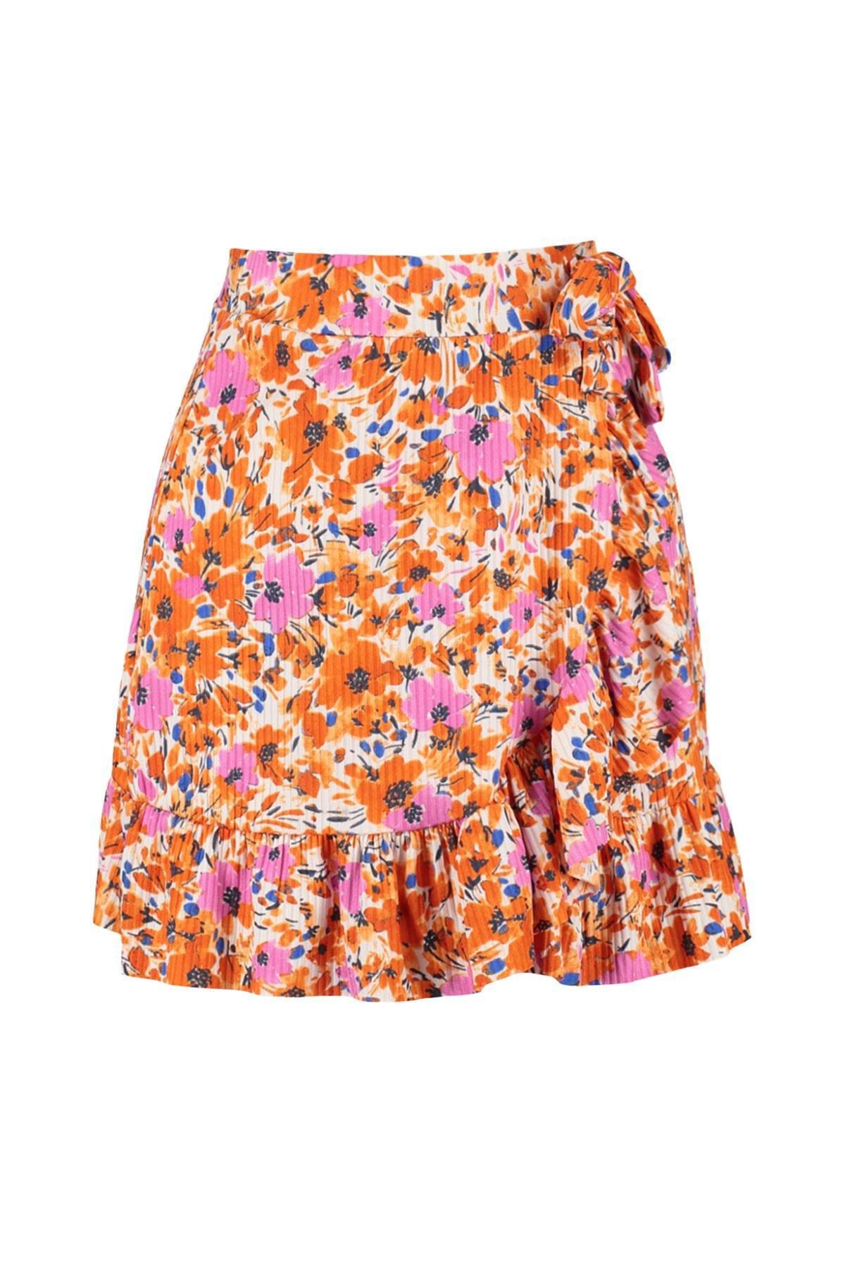 Orange Floral Ruffle Hem Mini Skirt, Orange, large image number 5