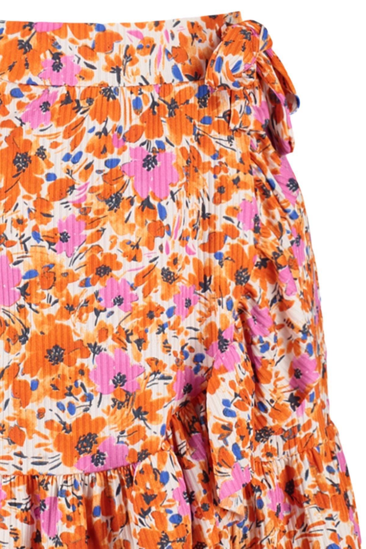 Orange Floral Ruffle Hem Mini Skirt, Orange, large image number 6