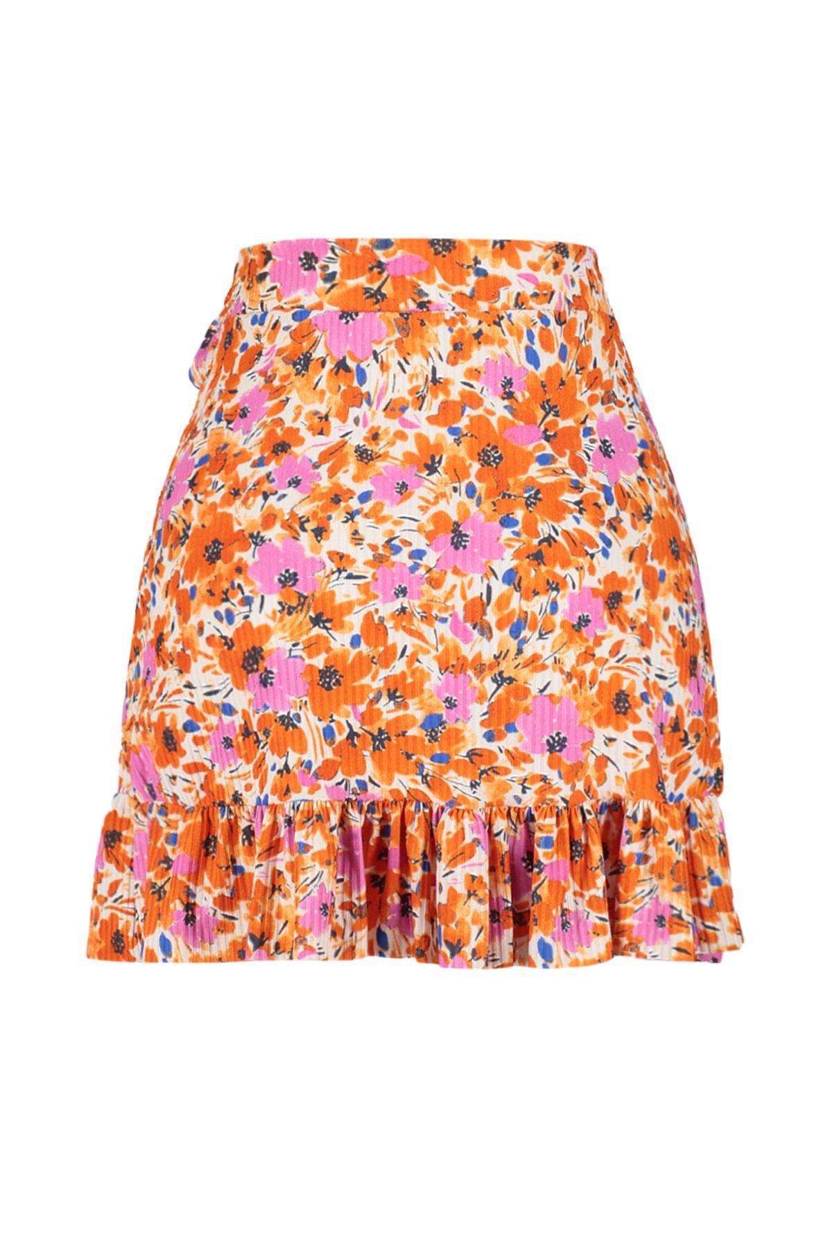 Orange Floral Ruffle Hem Mini Skirt, Orange, large image number 7