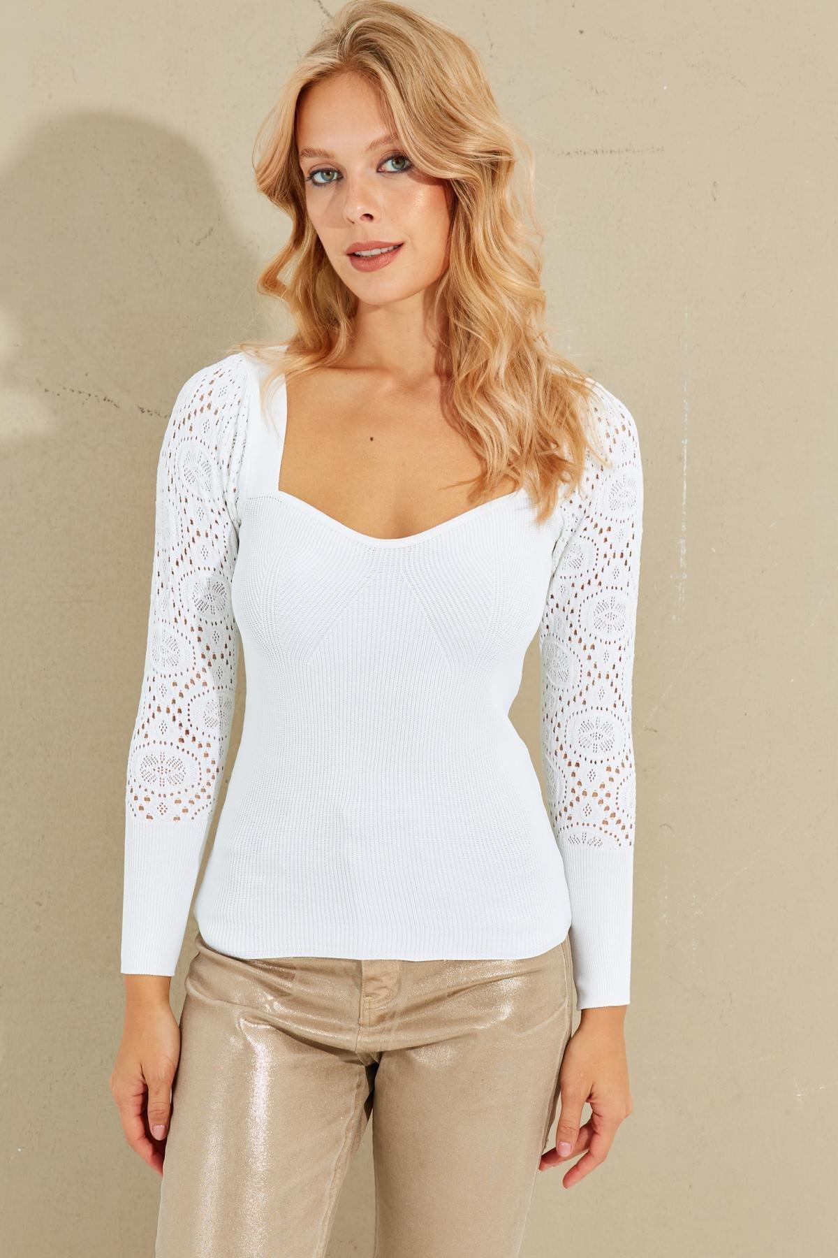 White Openwork Knitwear Blouse, , large image number 4