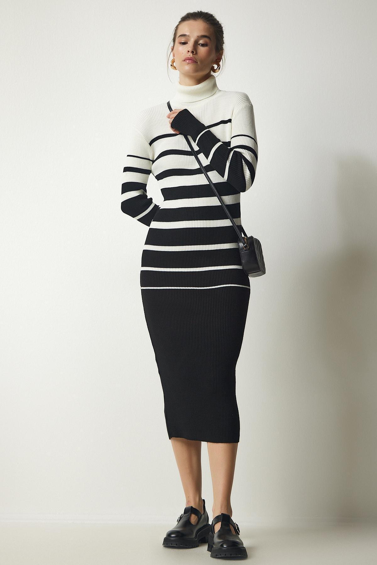 Black Turtleneck Striped Dress, Ecru Black, large image number 0