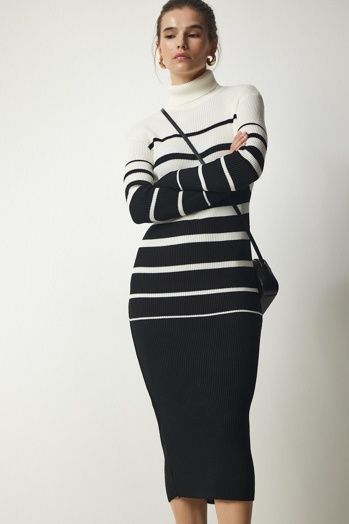 Black Turtleneck Striped Dress, Ecru Black, large image number 1