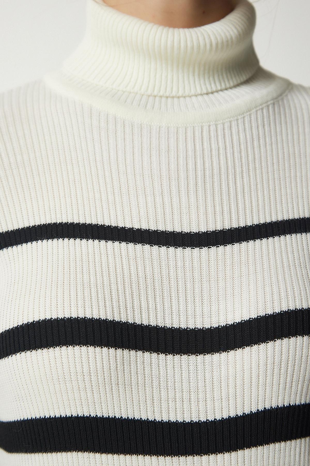 Black Turtleneck Striped Dress, Ecru Black, large image number 2