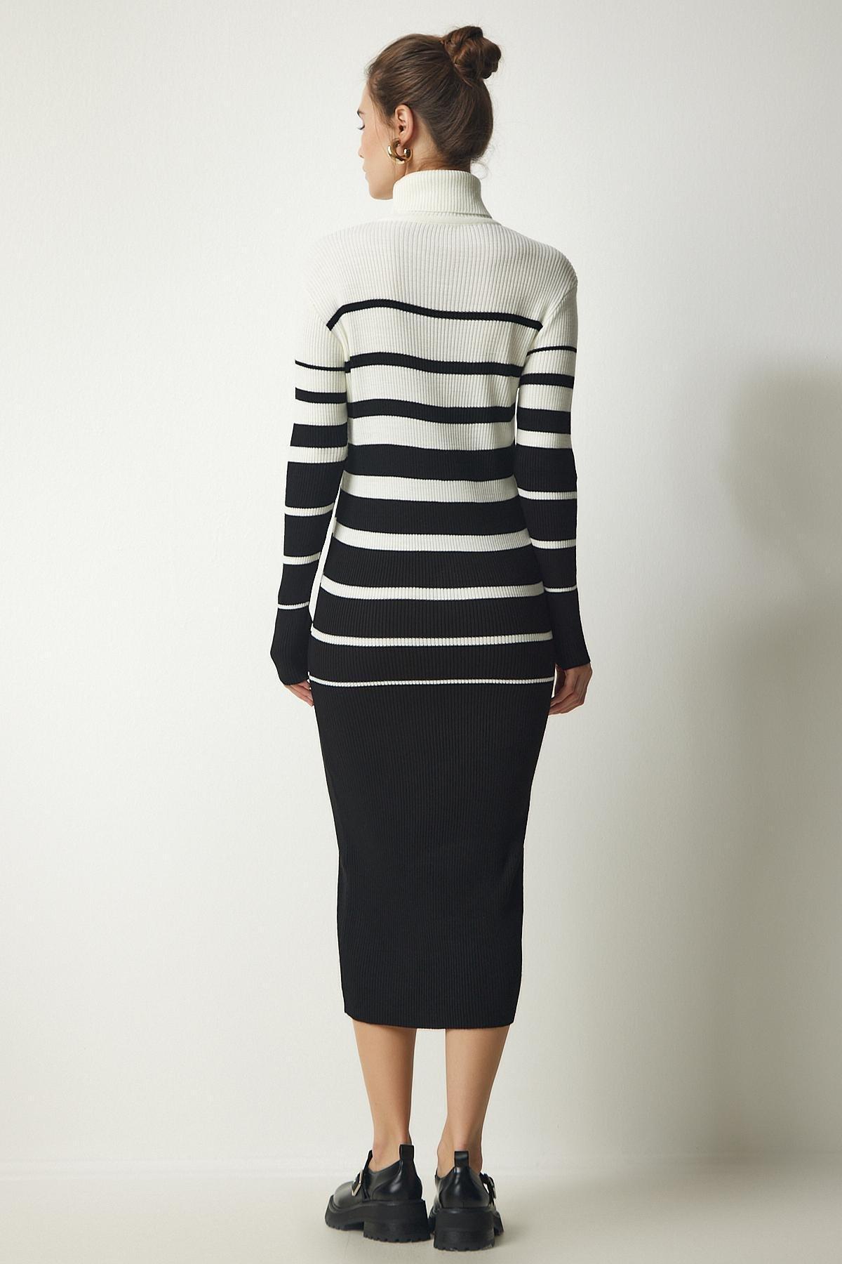 Black Turtleneck Striped Dress, Ecru Black, large image number 3