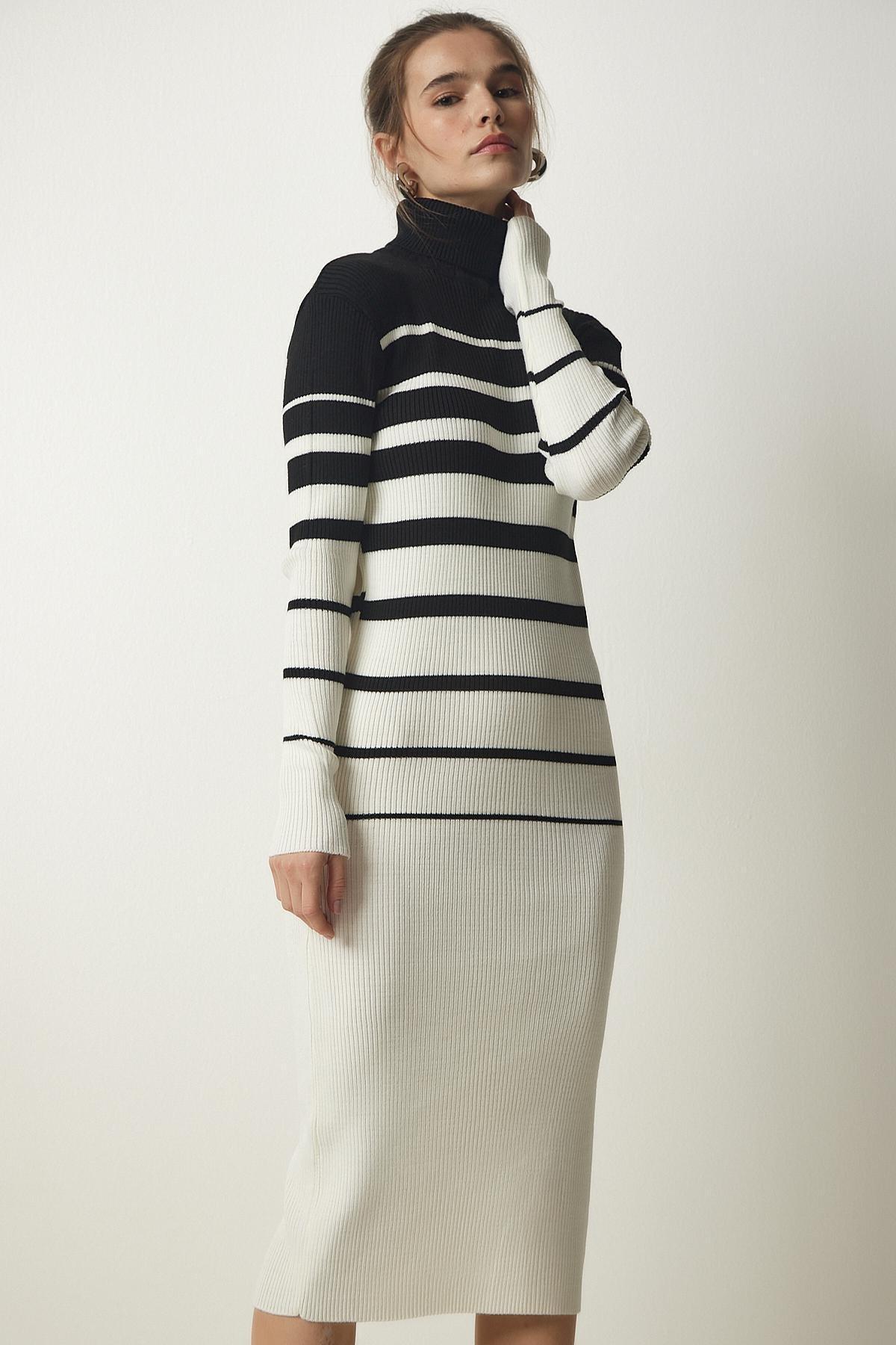 Multicolour Turtleneck Striped Dress, BLACK ECRU, large image number 2