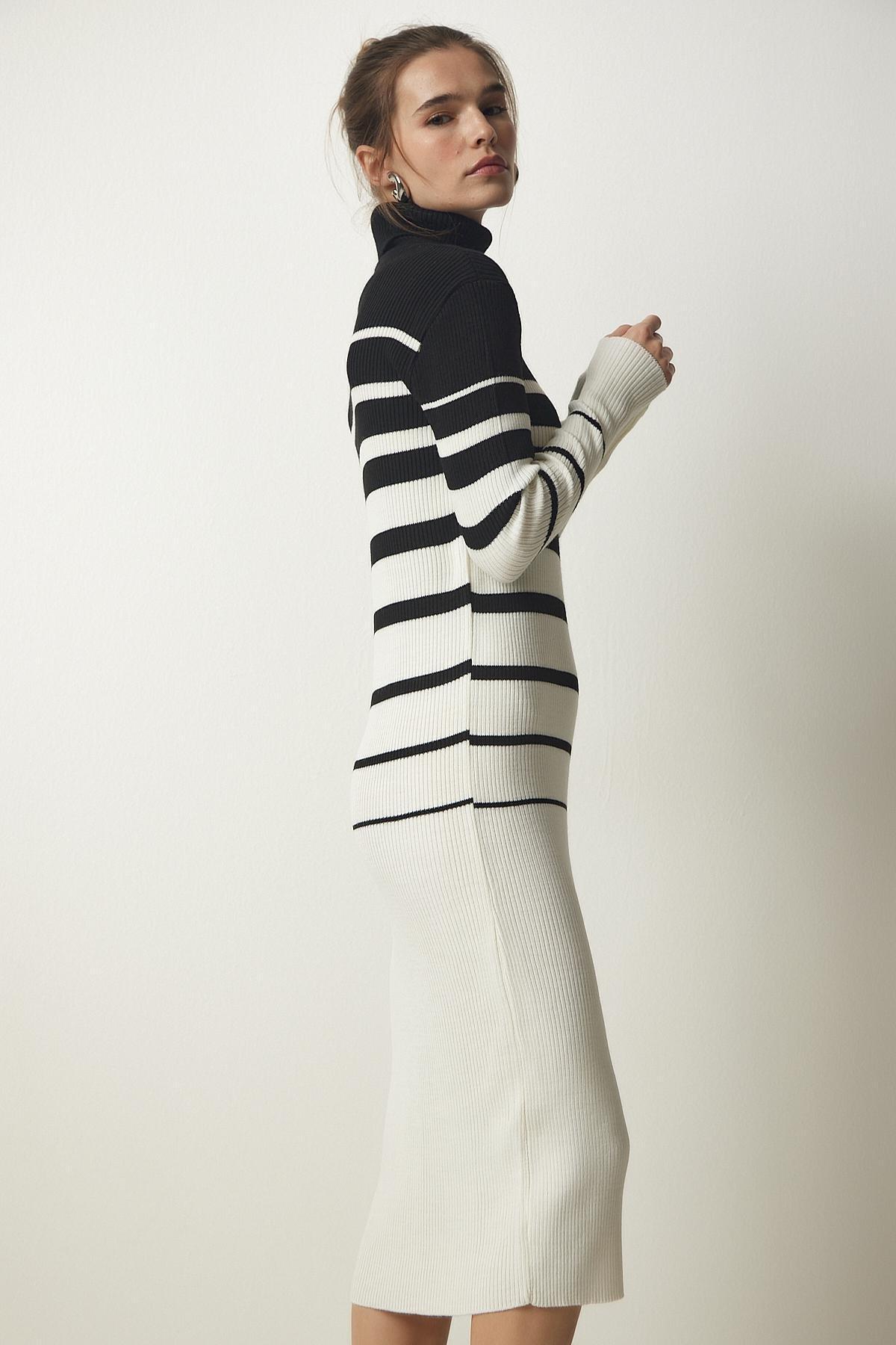 Multicolour Turtleneck Striped Dress, BLACK ECRU, large image number 3