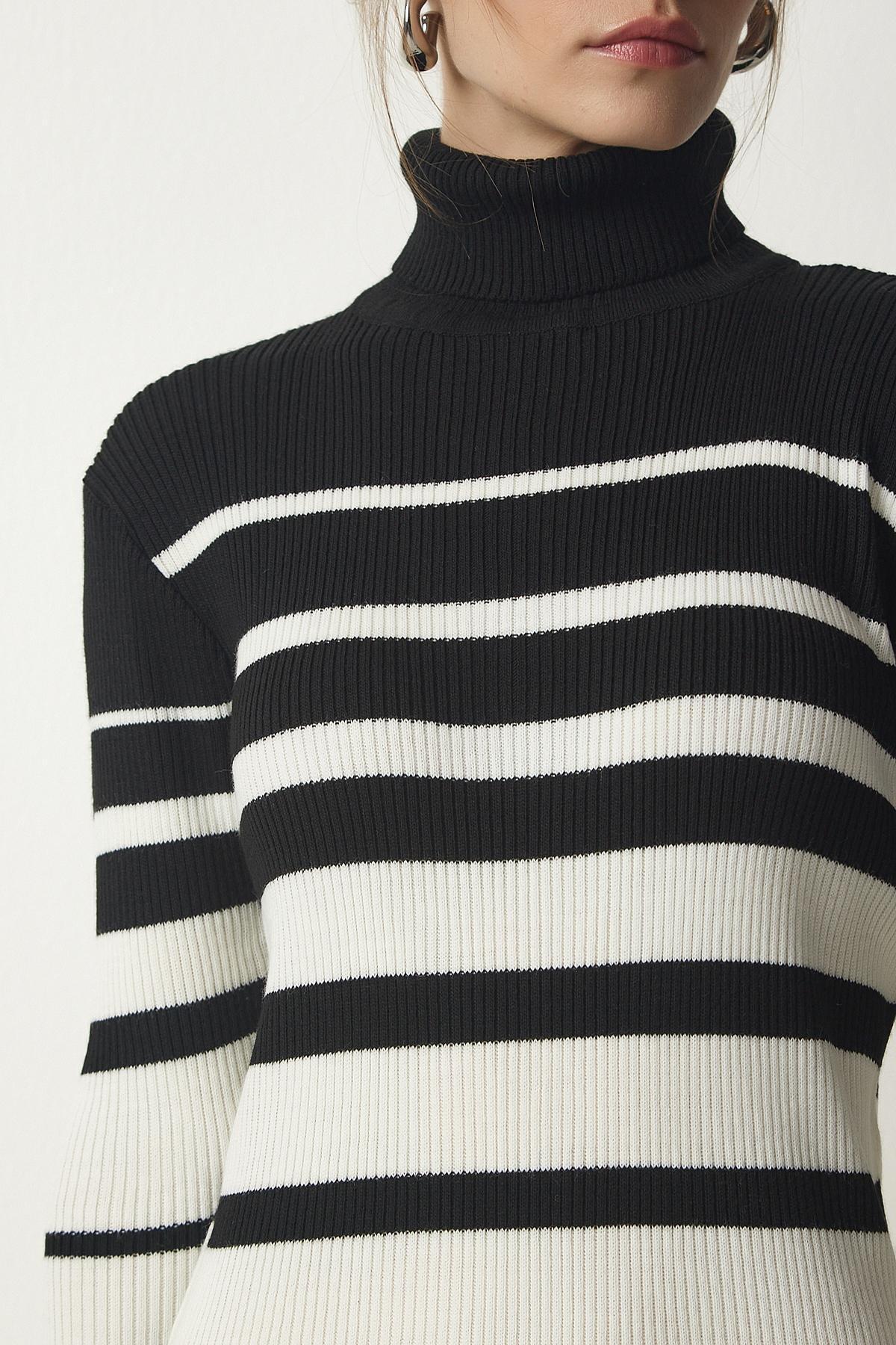 Multicolour Turtleneck Striped Dress, BLACK ECRU, large image number 4