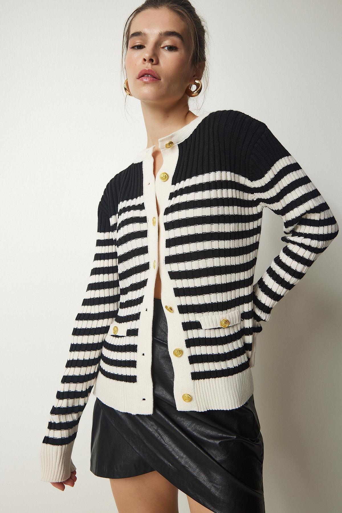 Cream Button Detailed Striped Cardigan, BLACK CREAM, large image number 0