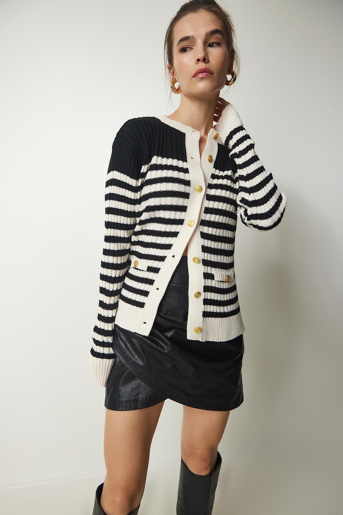 Cream Button Detailed Striped Cardigan, BLACK CREAM, large image number 1