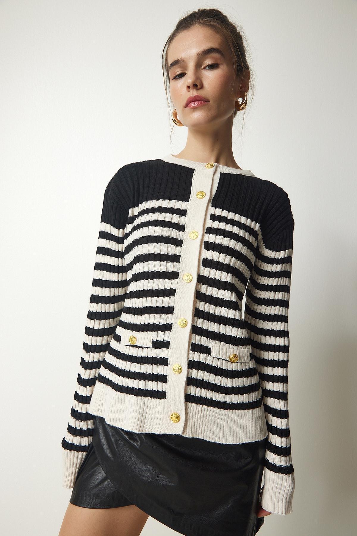 Cream Button Detailed Striped Cardigan, BLACK CREAM, large image number 2