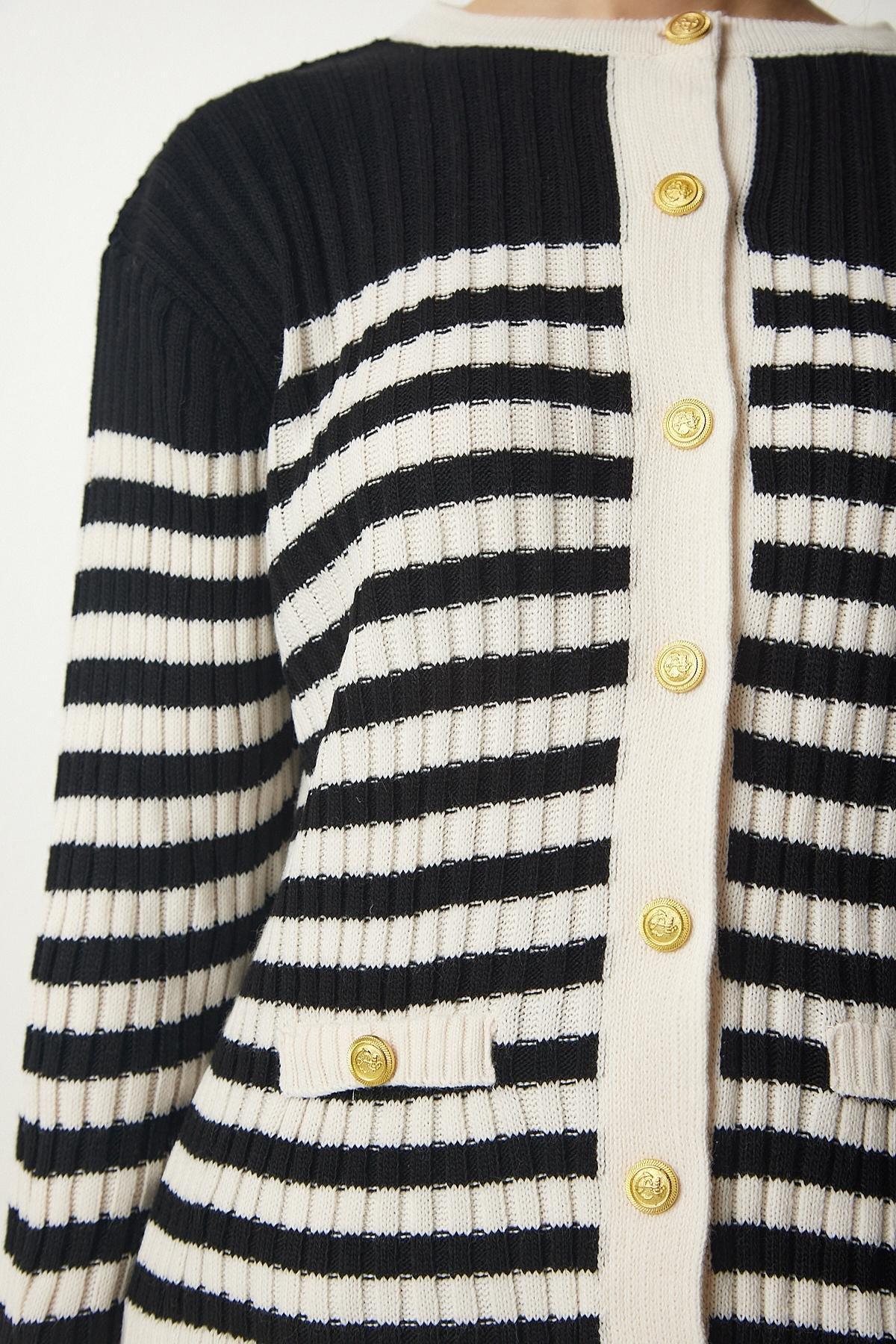 Cream Button Detailed Striped Cardigan, BLACK CREAM, large image number 3
