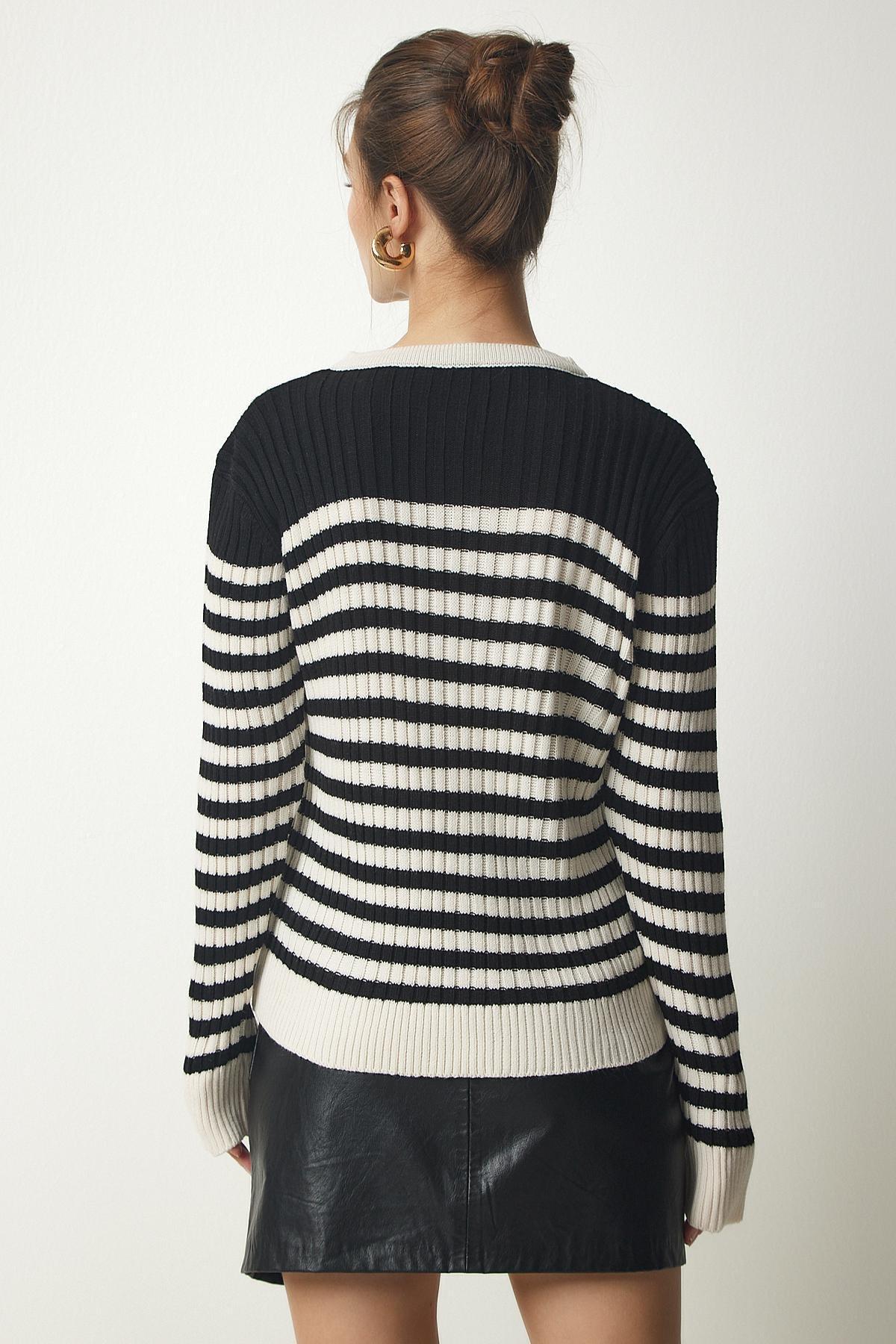 Cream Button Detailed Striped Cardigan, BLACK CREAM, large image number 4