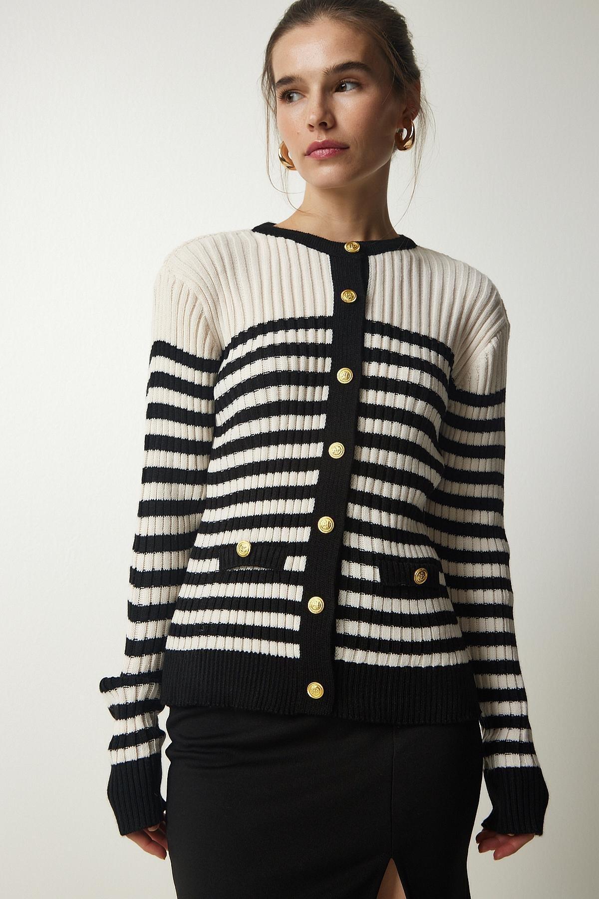 Black Button Detailed Striped Cardigan, Cream Black, large image number 0