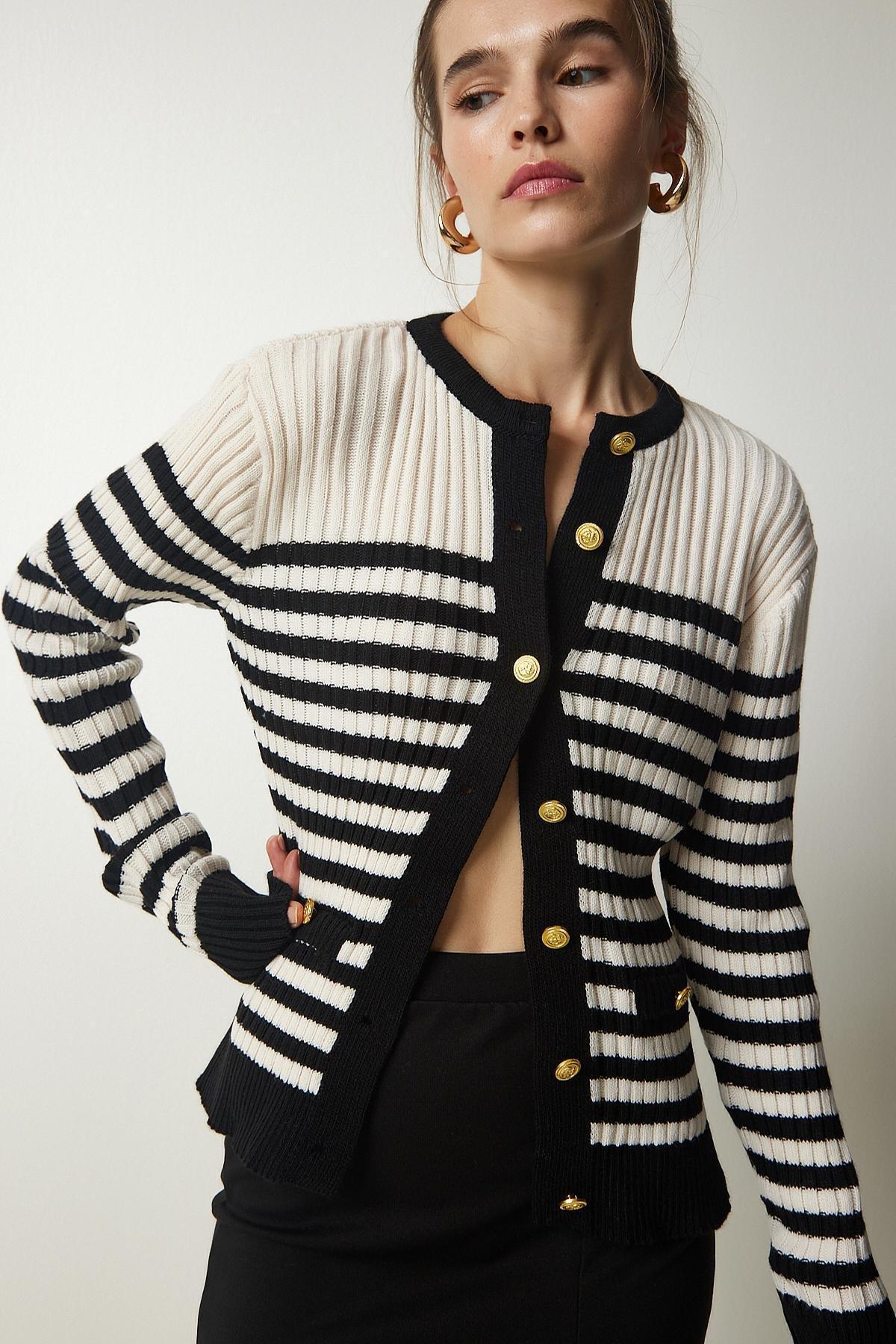 Black Button Detailed Striped Cardigan, Cream Black, large image number 1