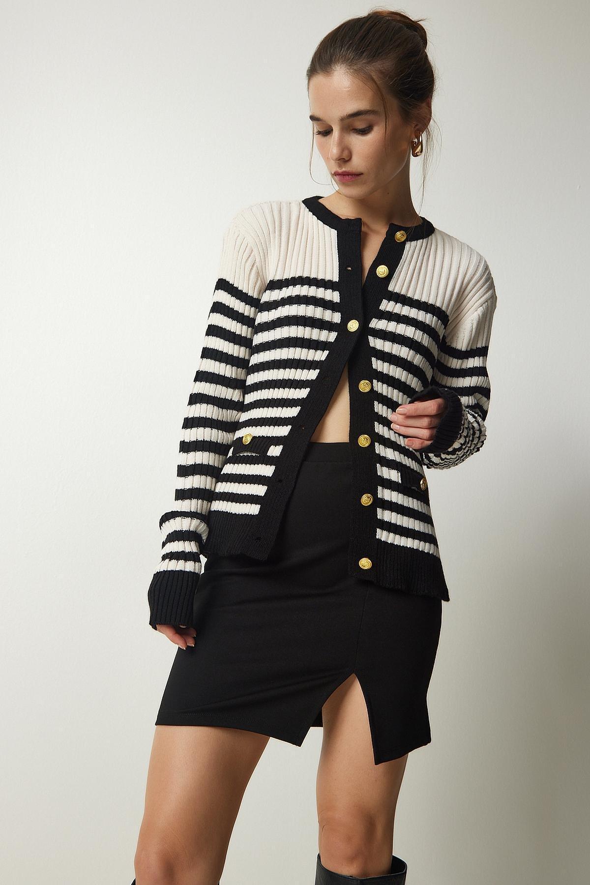 Black Button Detailed Striped Cardigan, Cream Black, large image number 2