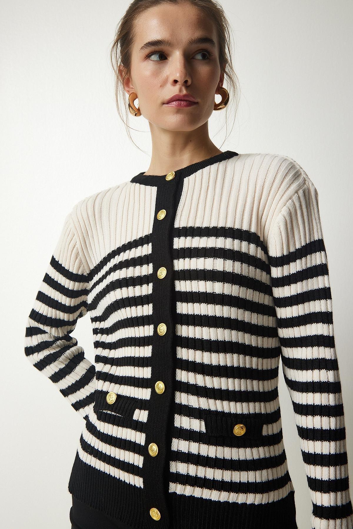 Black Button Detailed Striped Cardigan, Cream Black, large image number 3