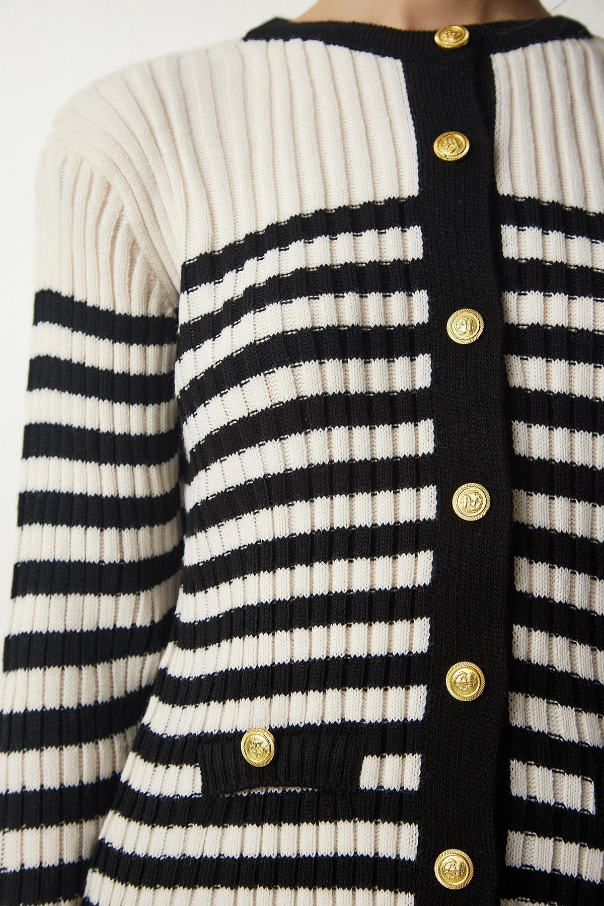 Black Button Detailed Striped Cardigan, Cream Black, large image number 4
