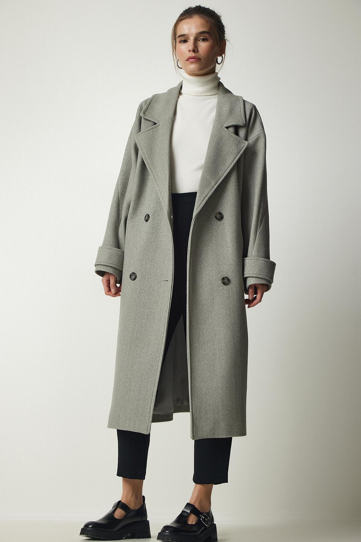 Happiness Istanbul - Grey Belted Oversize Cachet Coat