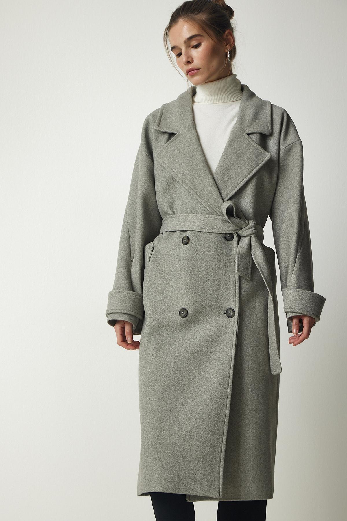 Grey Belted Oversize Cachet Coat, , large image number 4