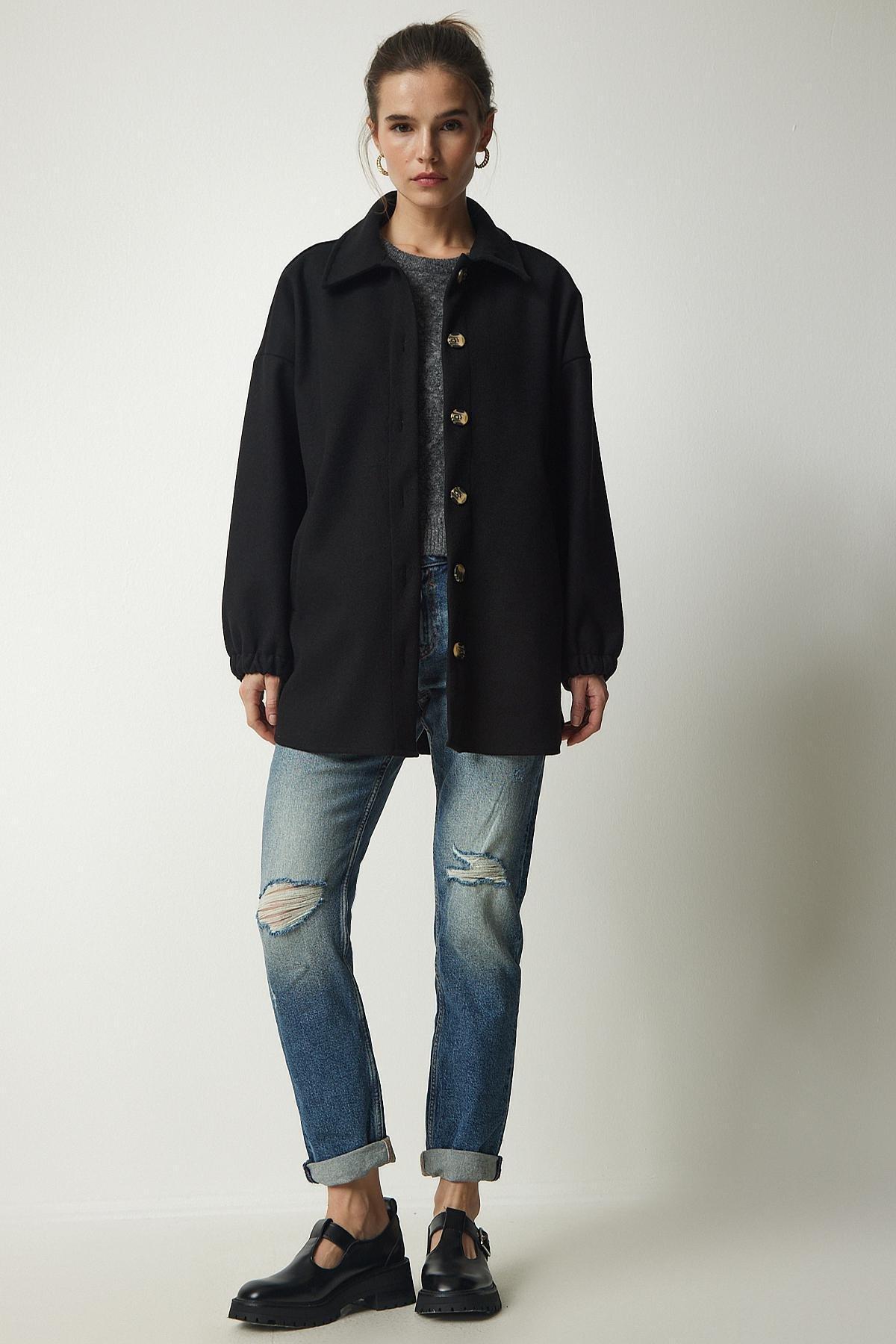 Black Buttoned Pocket Oversize Shirt Jacket, BLACK, large image number 0