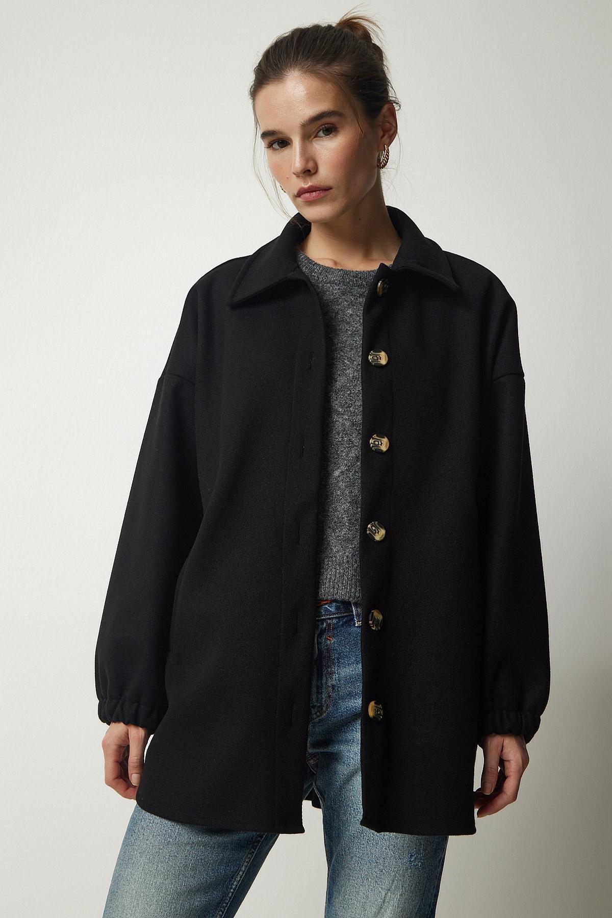 Black Buttoned Pocket Oversize Shirt Jacket, BLACK, large image number 1