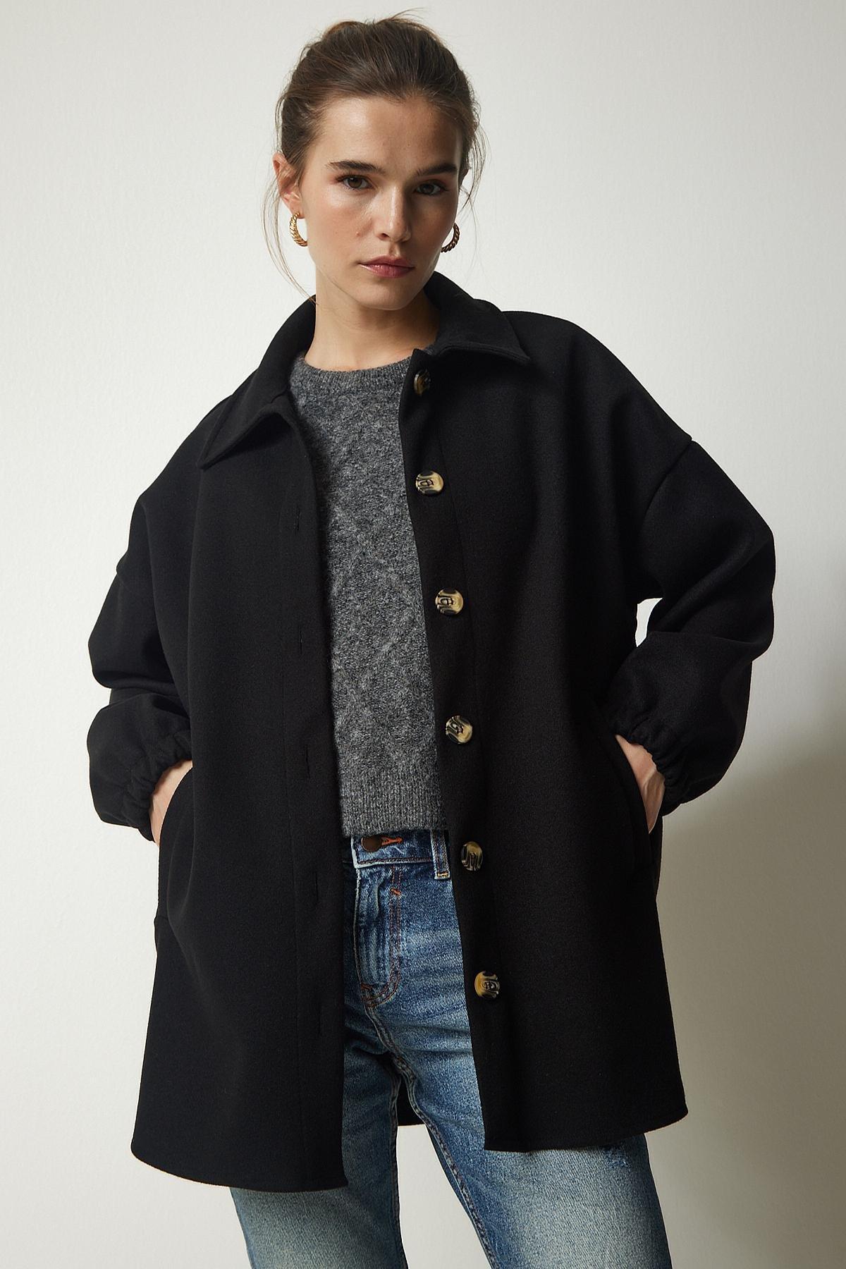 Black Buttoned Pocket Oversize Shirt Jacket, BLACK, large image number 2