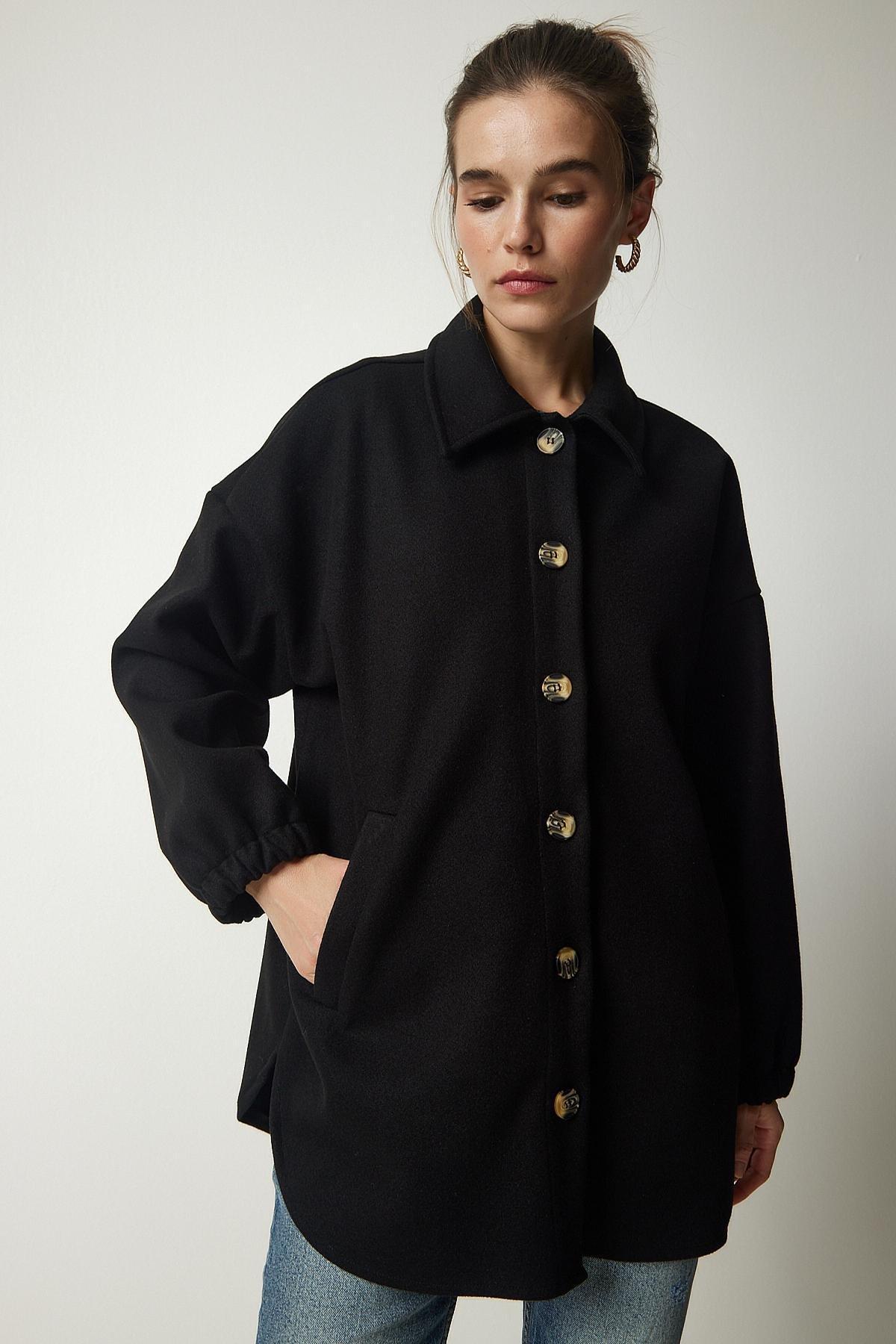 Black Buttoned Pocket Oversize Shirt Jacket, BLACK, large image number 3