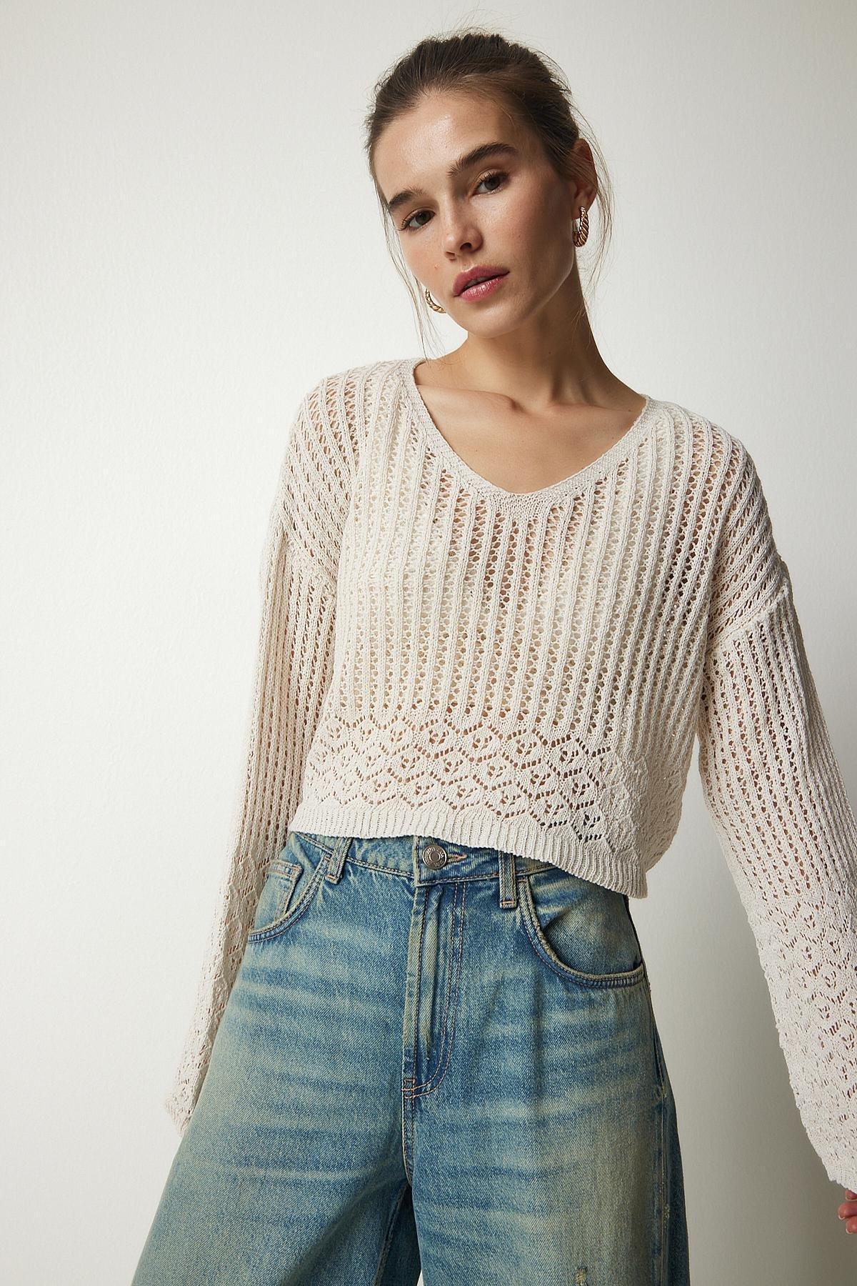 Cream V-Neck Openwork Crop Sweater, Cream, large image number 0