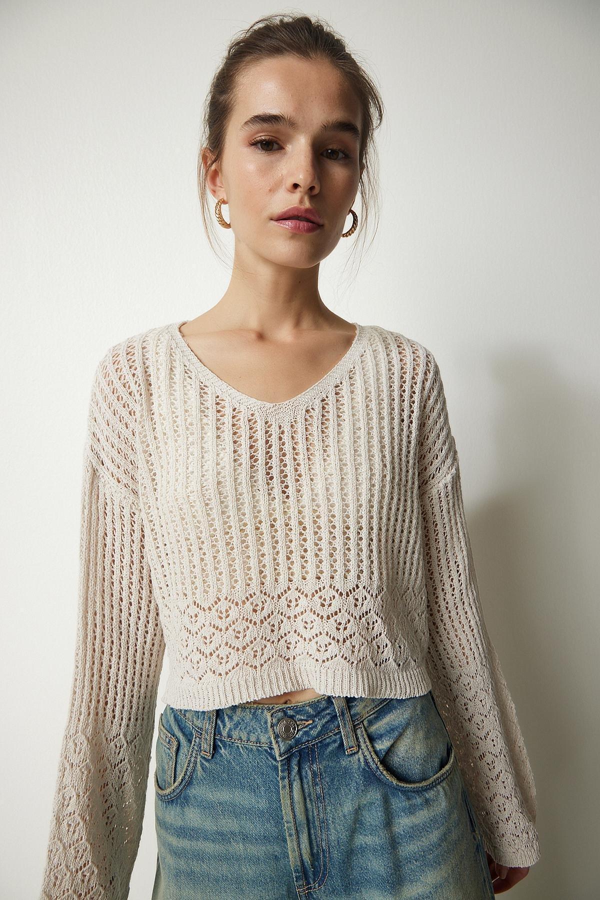 Cream V-Neck Openwork Crop Sweater, Cream, large image number 2