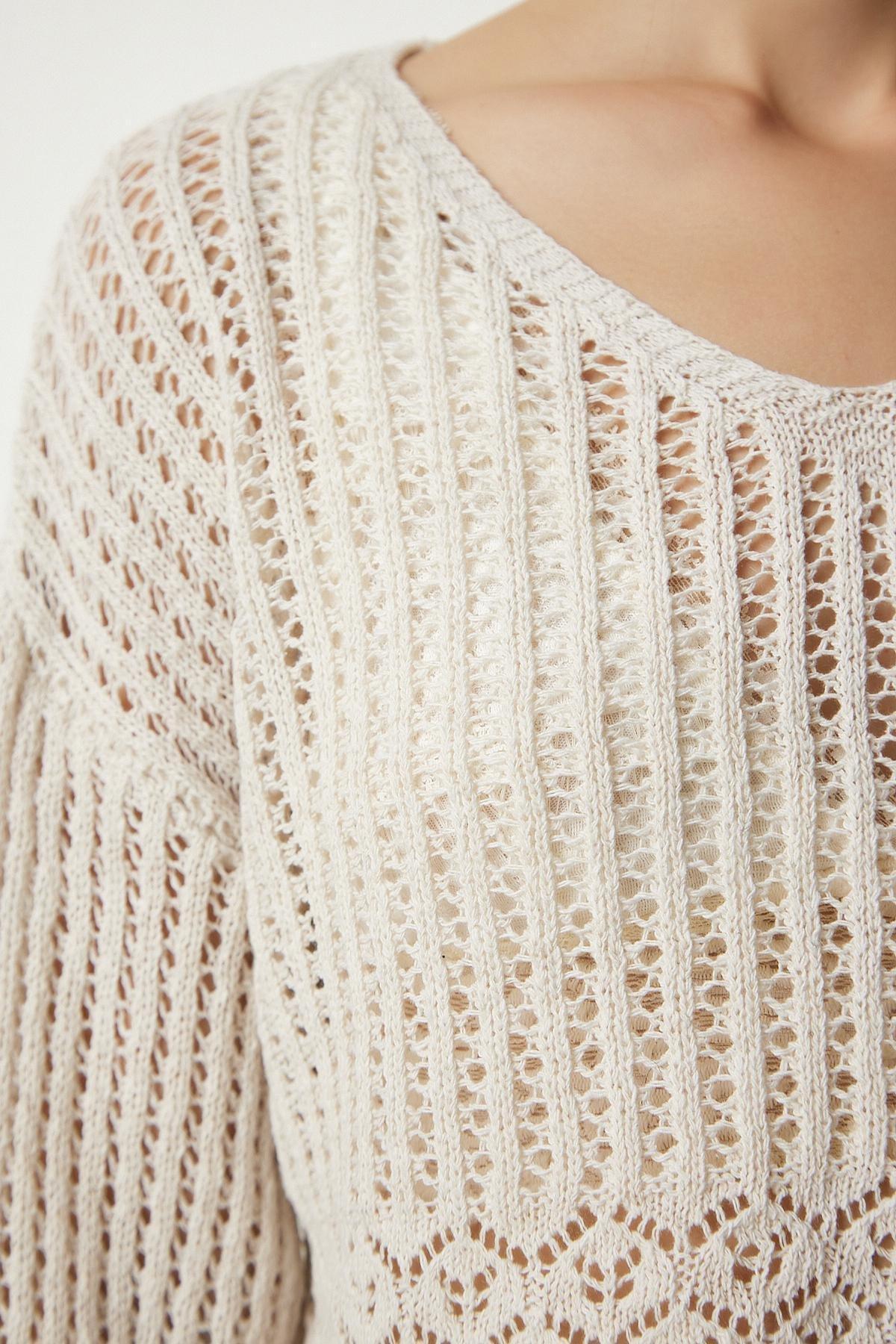 Cream V-Neck Openwork Crop Sweater, Cream, large image number 3