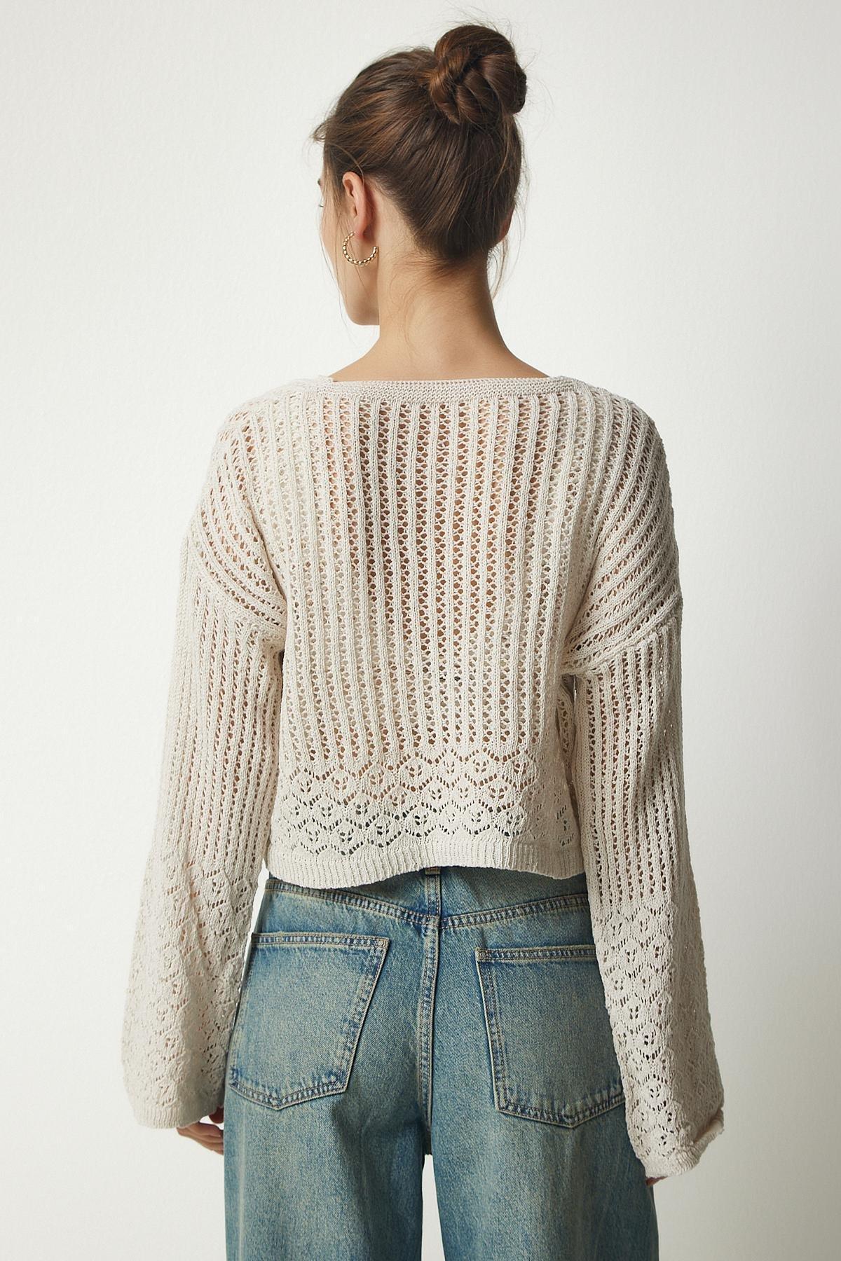 Cream V-Neck Openwork Crop Sweater, Cream, large image number 4