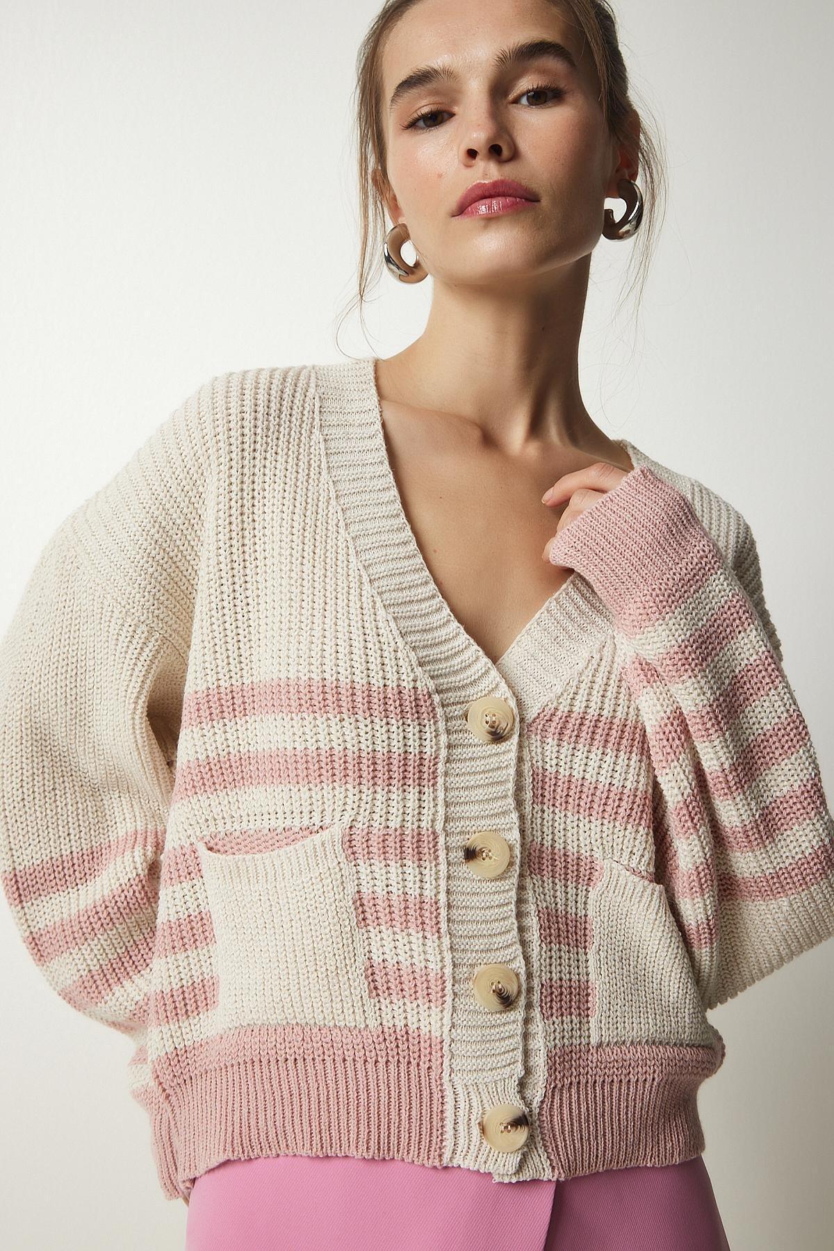 Beige Striped Knitwear Cardigan, , large image number 0