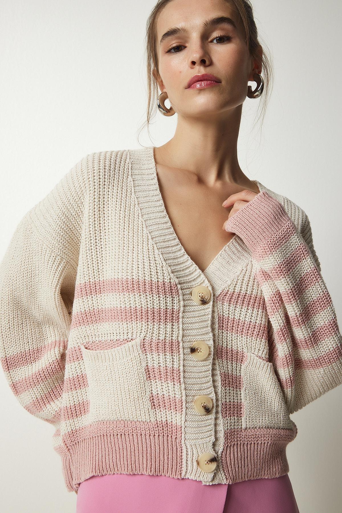 Happiness Istanbul - Beige Striped Knitwear Cardigan