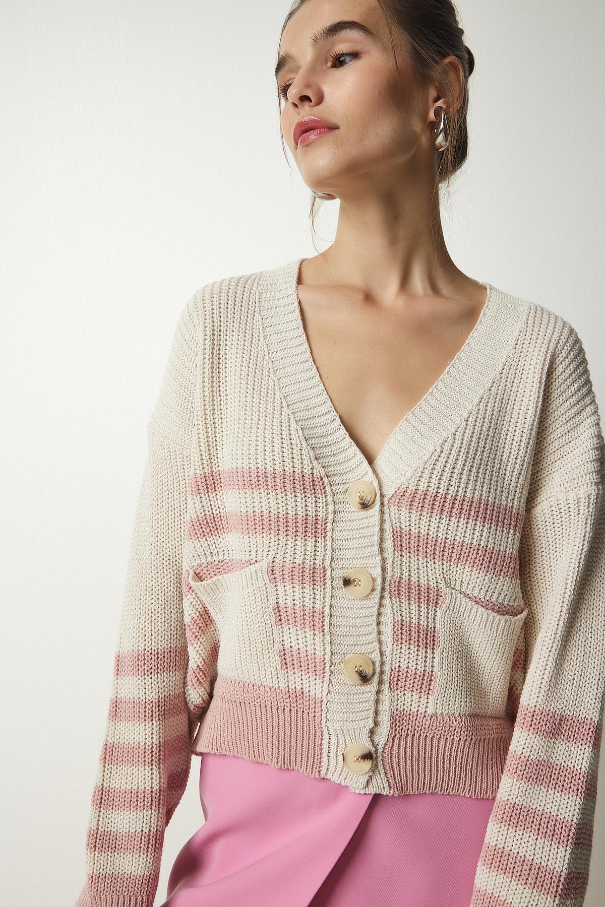 Beige Striped Knitwear Cardigan, , large image number 1