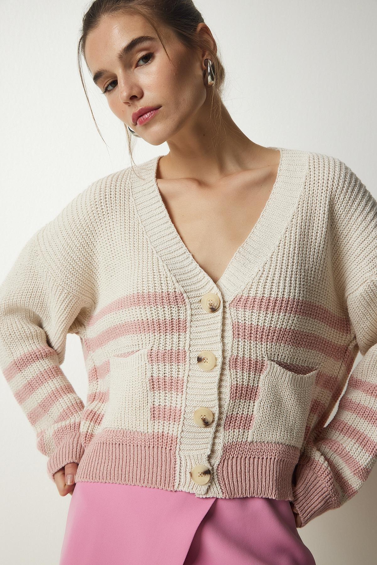 Beige Striped Knitwear Cardigan, , large image number 2