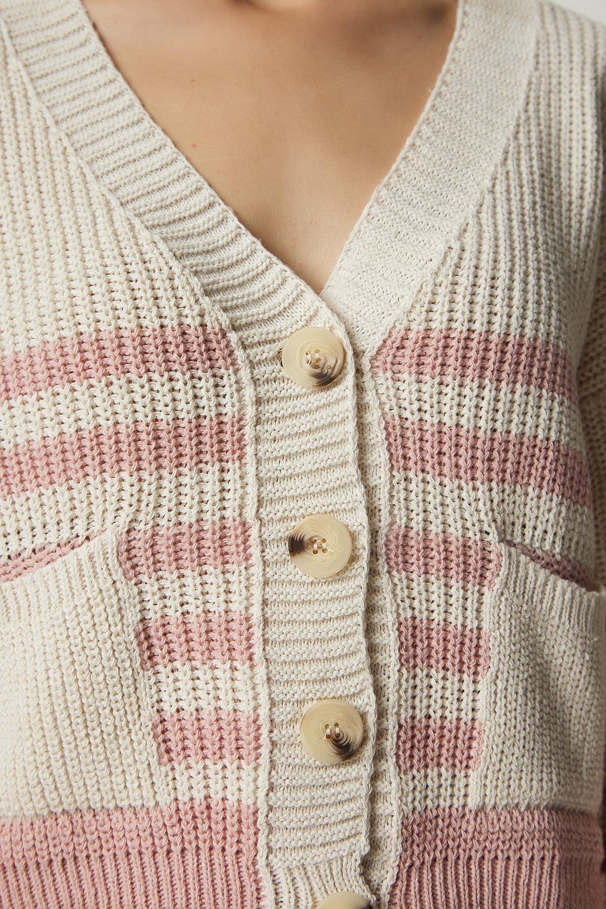 Beige Striped Knitwear Cardigan, , large image number 4