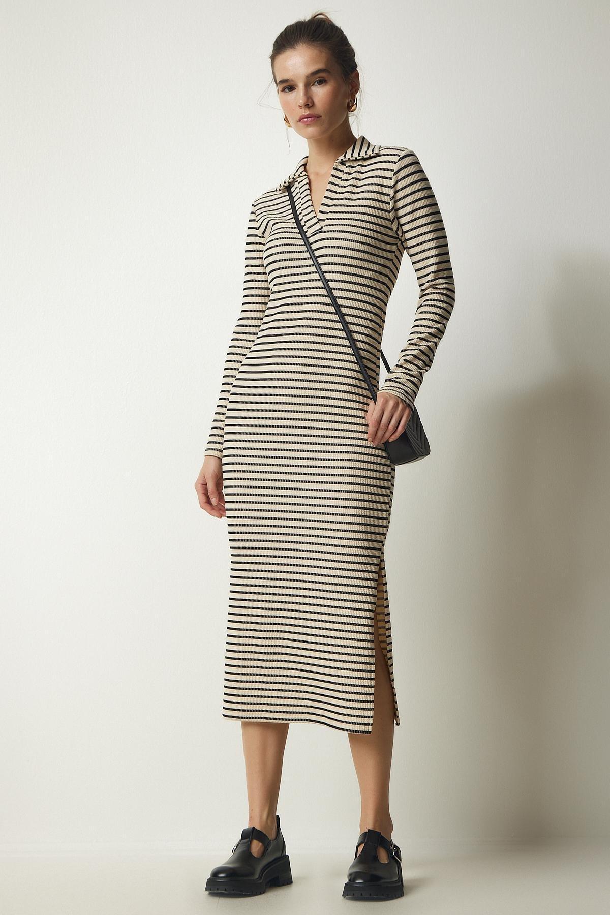 Beige Polo Neck Striped Camisole Dress, , large image number 0