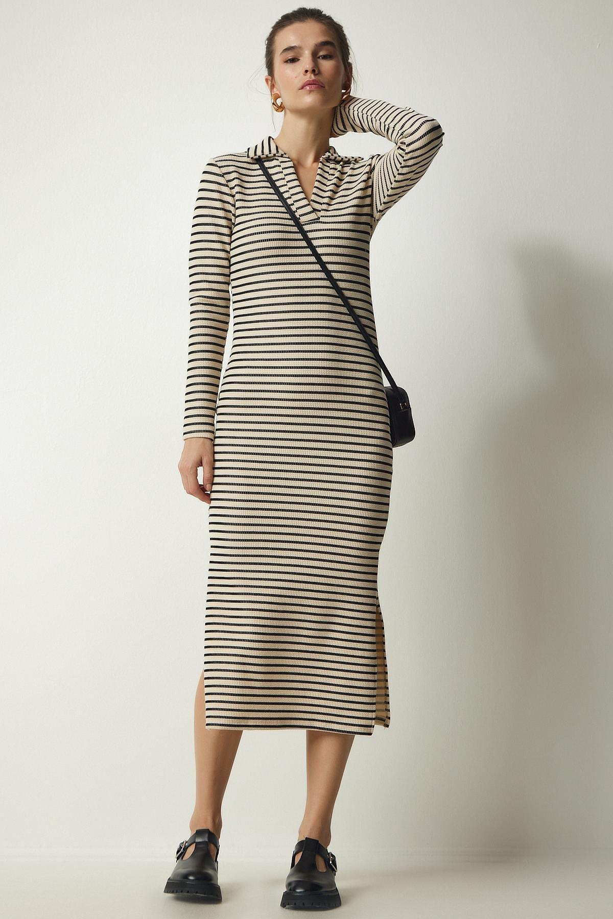 Beige Polo Neck Striped Camisole Dress, , large image number 1