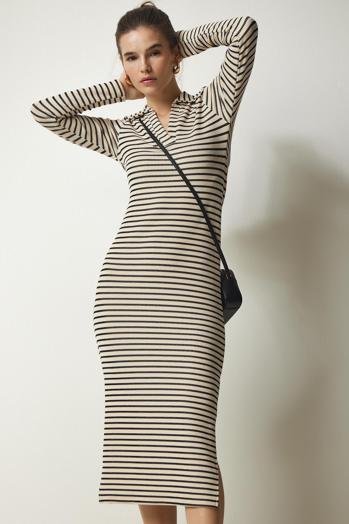 Beige Polo Neck Striped Camisole Dress, , large image number 2